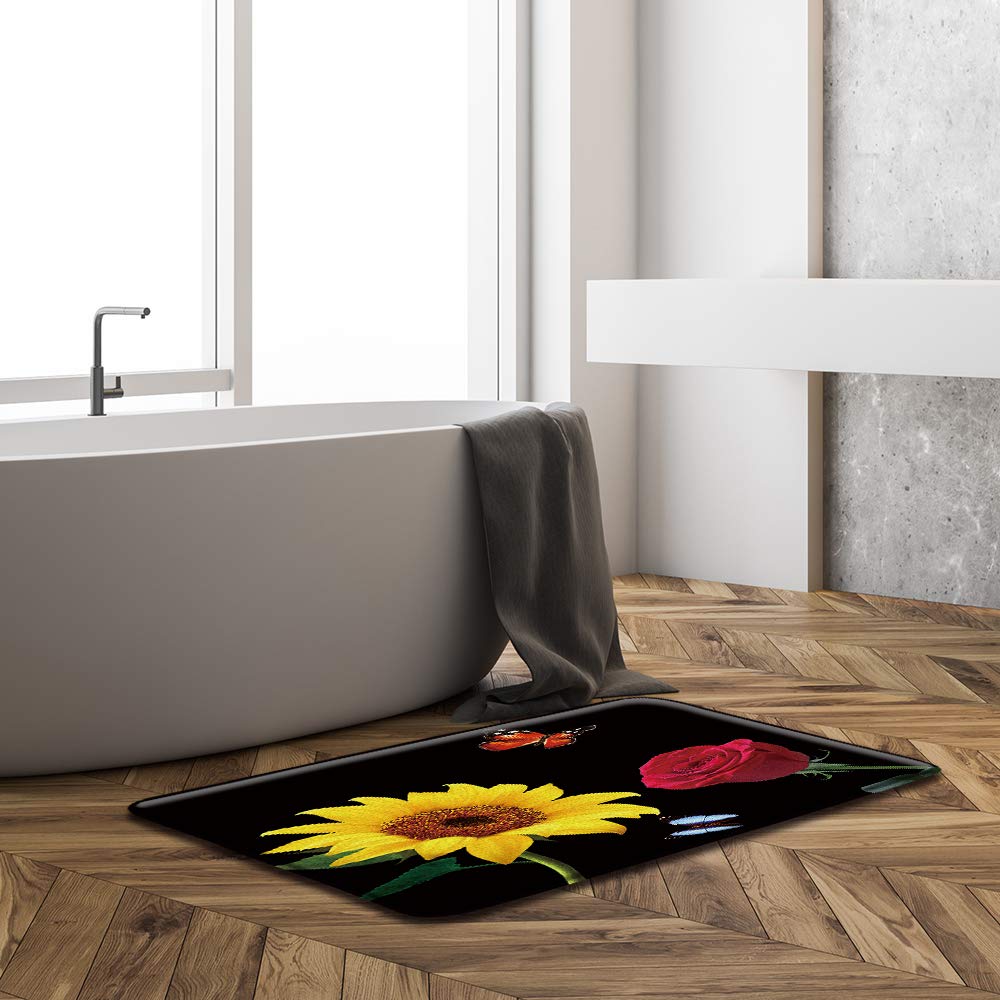 Sunflower Rose Bath Mat - Non-Slip Absorbent Bathroom Rug with Yellow Sunflower & Red Rose Design, 17.7 x 29.5 Inch - Perfect for Bathroom, Kitchen, Toilet & Entryway Floor Decor