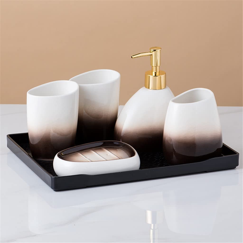 Ceramic Toothbrush Holder & Mouthwash Cup Set - Bathroom Organizer with Shampoo Dispenser for Countertop Storage | Modern Toilet Decor Accessories for Home, Apartment & Guest Bathroom Organization