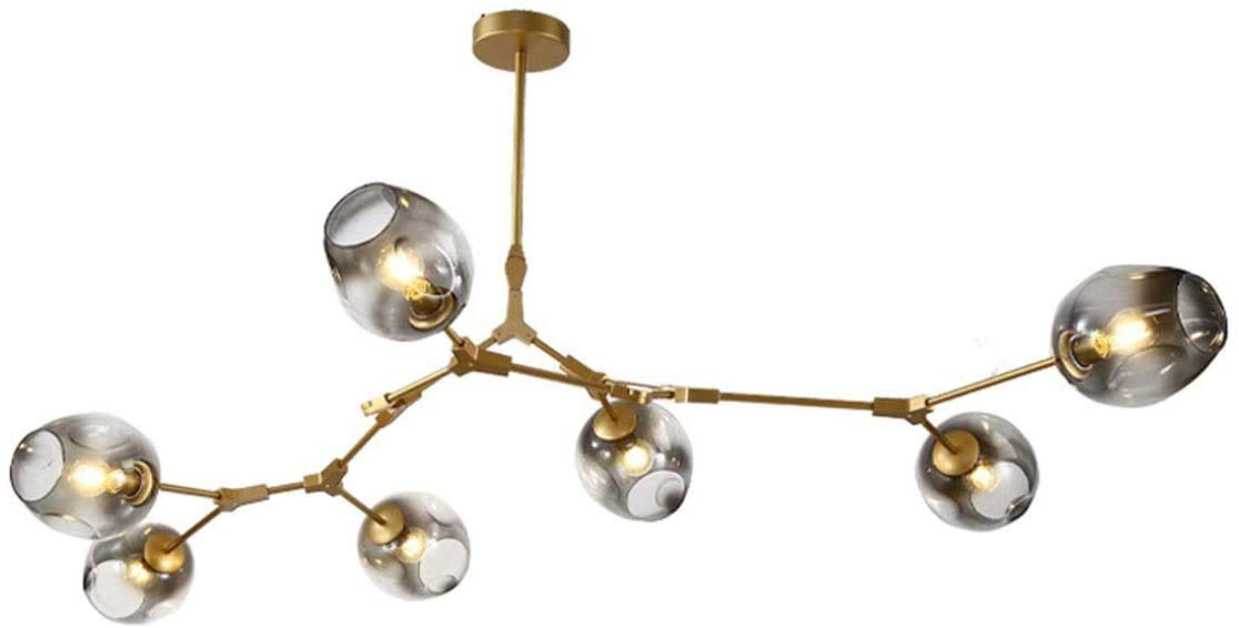 Modern 7-Light Gold Pendant Chandelier with Adjustable Grey Glass Shades - Flush Mount Ceiling Light Fixture for Hotel, Restaurant, Bar, Cafe & Home Lighting (Dining Room, Living Room, Bedroom, Corridor)