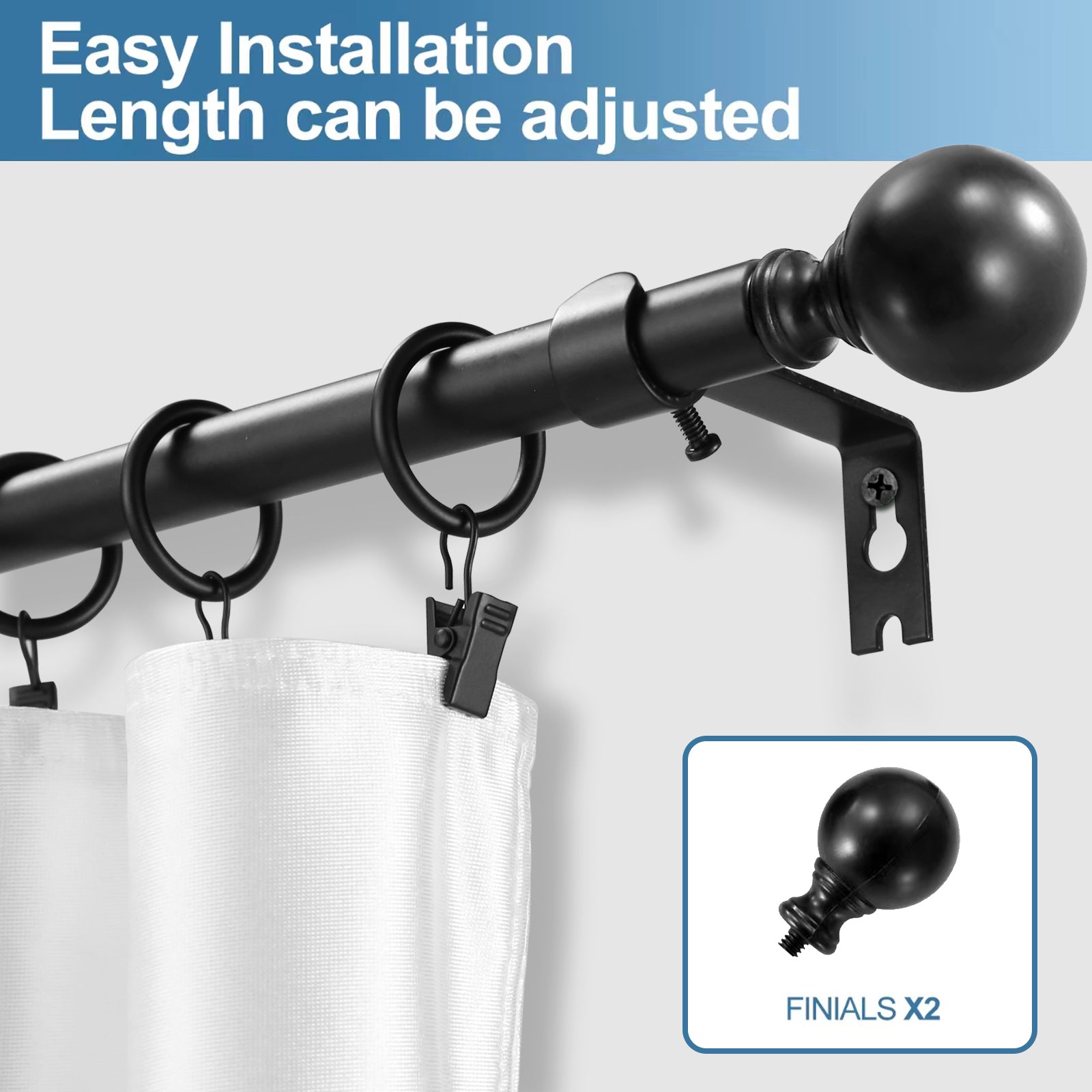 Urbanest Adjustable Single Curtain Rod Set with Ball Finials & Rings - 5/8 Inch Diameter for Living Room, Bedroom & Window Decor