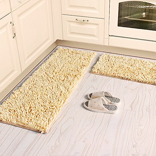 Premium Soft Microfiber Anti-Slip Bath & Kitchen Rug Set - 2-Piece Shag Chenille Floor Mat (50x80cm + 80x120cm) - Super Absorbent, Washable, Non-Slip Bathroom & Kitchen Runner - Perfect for Bathroom, Bedroom & Entryway - Beige