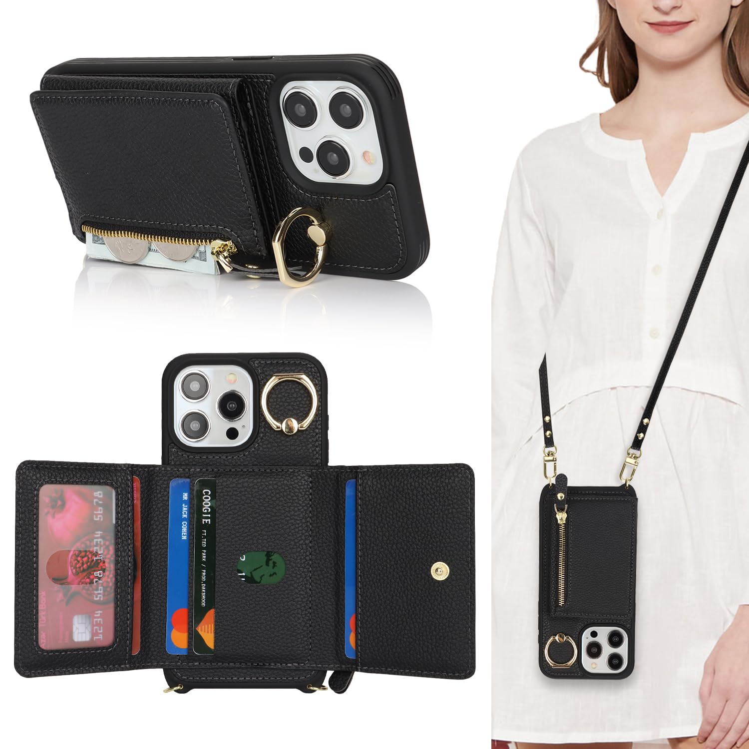 Premium Leather iPhone 14 Pro Max Wallet Case with Card Holder & Detachable Crossbody Strap - Zipper Pocket Protective Phone Cover for Women (Black) | Perfect for Travel, Shopping & Everyday Use
