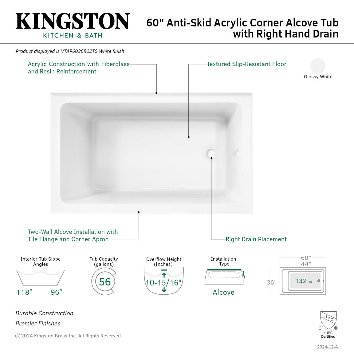 Aqua Eden VTAP6036R22TS 60-Inch Acrylic Rectangular 2-Wall Corner Alcove Bathtub - Right Hand Drain, Glossy White - Perfect for Small Bathrooms & Modern Home Spa