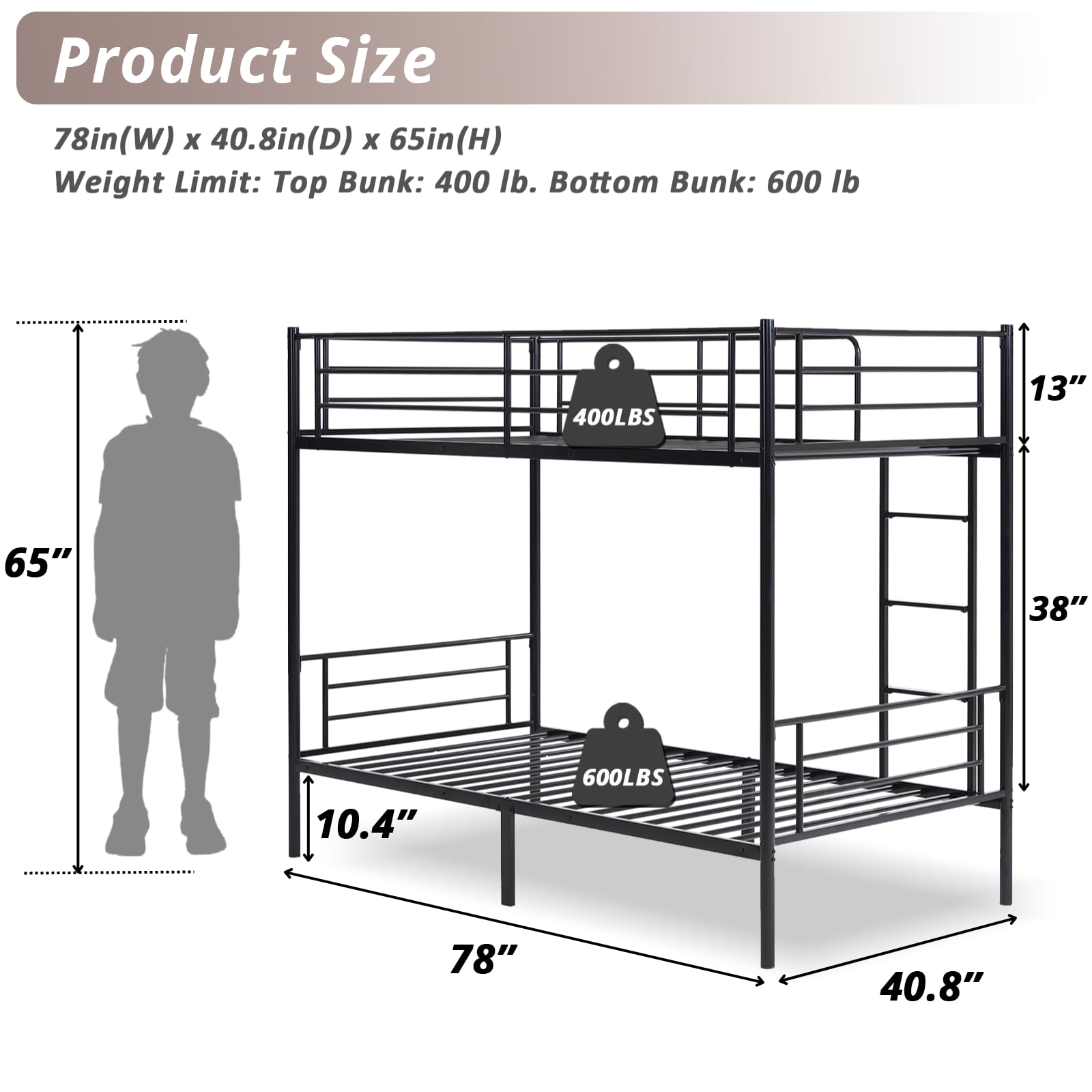 Karl Home Black Twin Over Twin Metal Bunk Bed with Built-in Ladder & Safety Guardrail - Space Saving Bunk Bed for Kids, Teens & Adults (No Box Spring Needed) - Perfect for Small Bedrooms, Dorms & Guest Rooms
