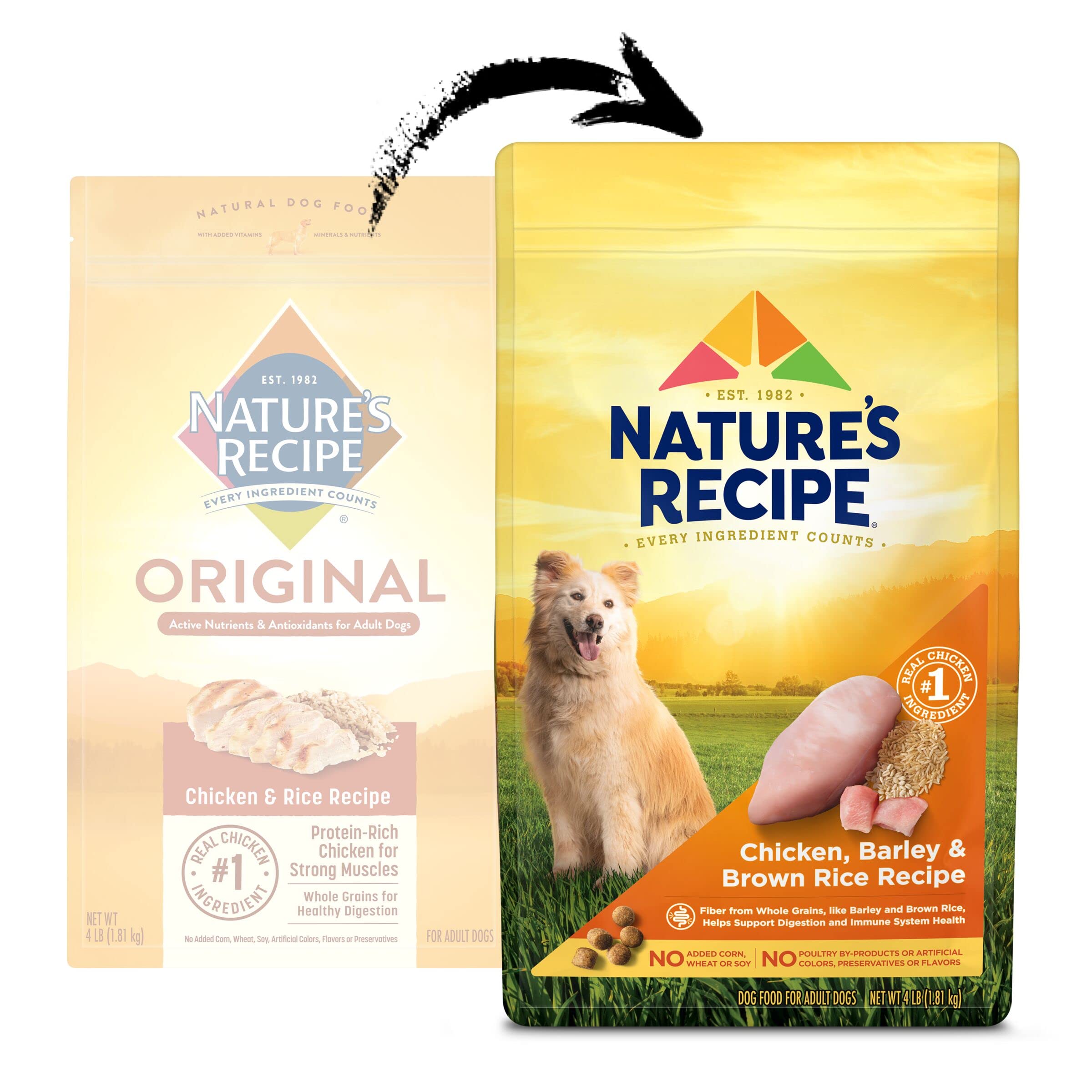 Nature's Recipe Chicken, Barley & Brown Rice Dry Dog Food - 4 lb Bag | High Protein Natural Kibble for Adult Dogs | Perfect for Daily Meals & Training Treats