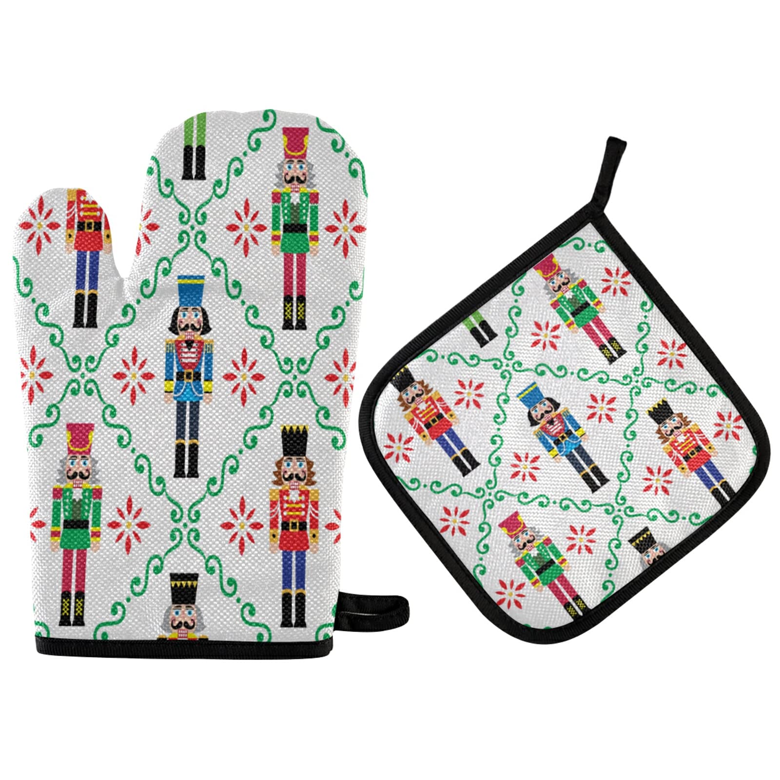 Christmas Nutcracker Oven Mitts & Pot Holders Set - Heat Resistant Kitchen Gloves for Baking, Cooking & BBQ - Festive Holiday Soldier Design for Xmas Decor & Gift