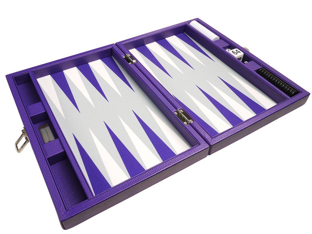 Premium 13-Inch Travel Backgammon Set - Purple Game Board with Grey Field & White/Purple Points | Portable Board Game for Camping, Beach, Picnics & Family Game Nights