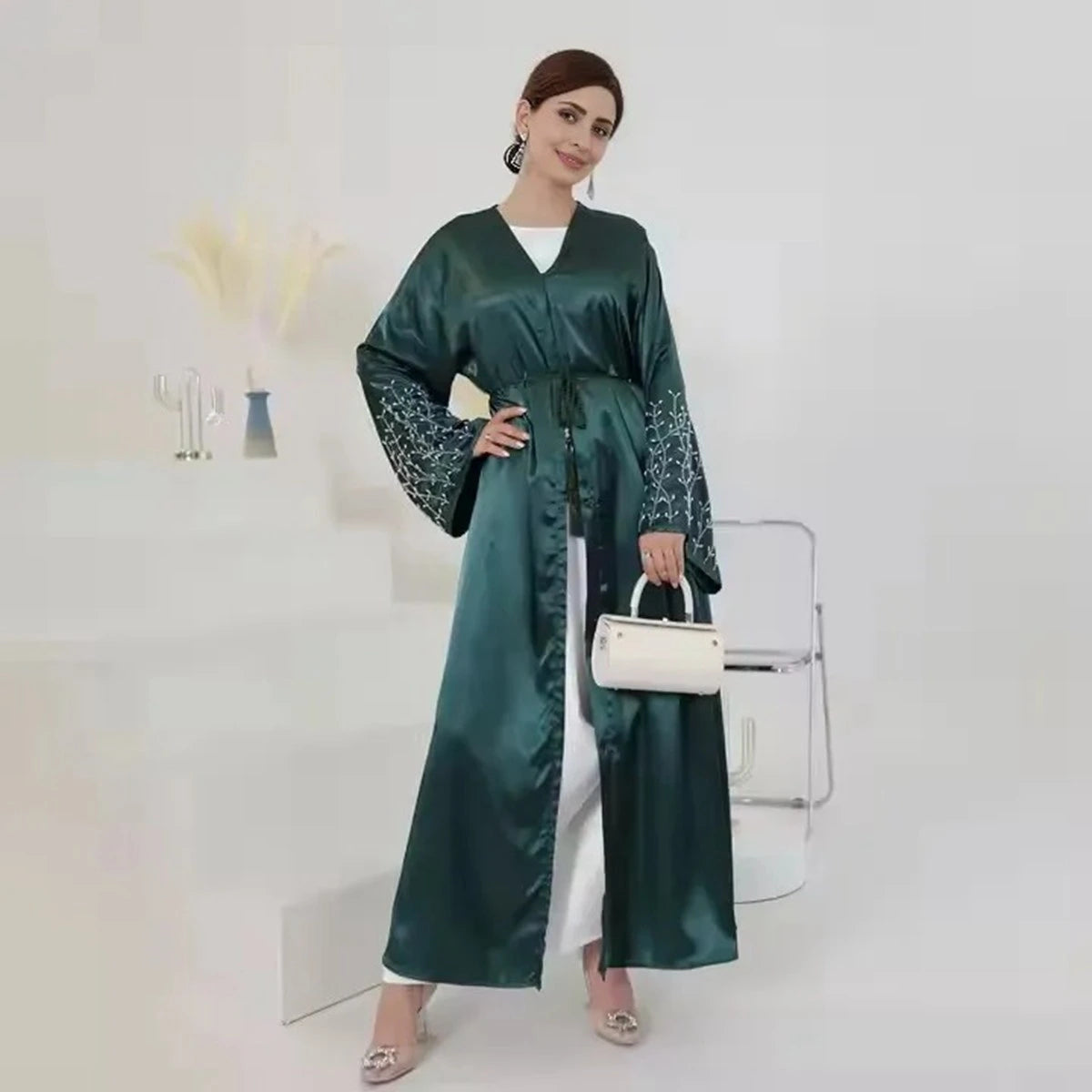 Elegant Hand-Beaded Muslim Women's Open Abaya Dress - Modest Islamic Prayer Dress for Eid, Ramadan & Special Occasions