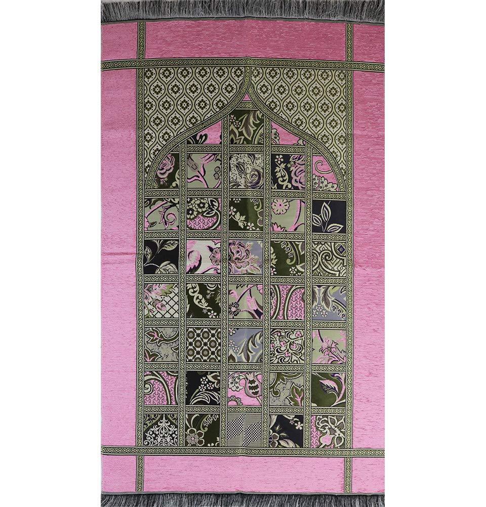 Soft Chenille Islamic Prayer Mat with Quilt Pattern - Pink - Perfect for Home, Mosque & Travel Prayer Needs