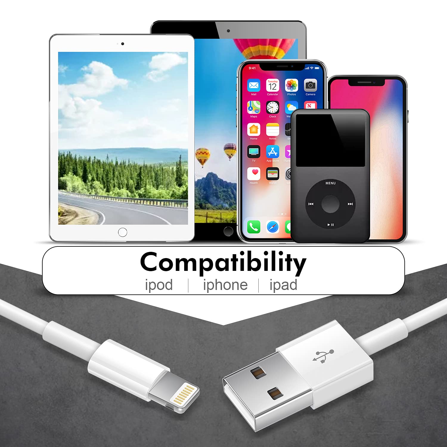 2-Pack MFi Certified Lightning to USB Cable 1m - Fast Charging Cable for iPhone 12/11/Pro/Max/X/8/7/6 & iPad - Durable Charger for Home, Office, Travel & Car Use