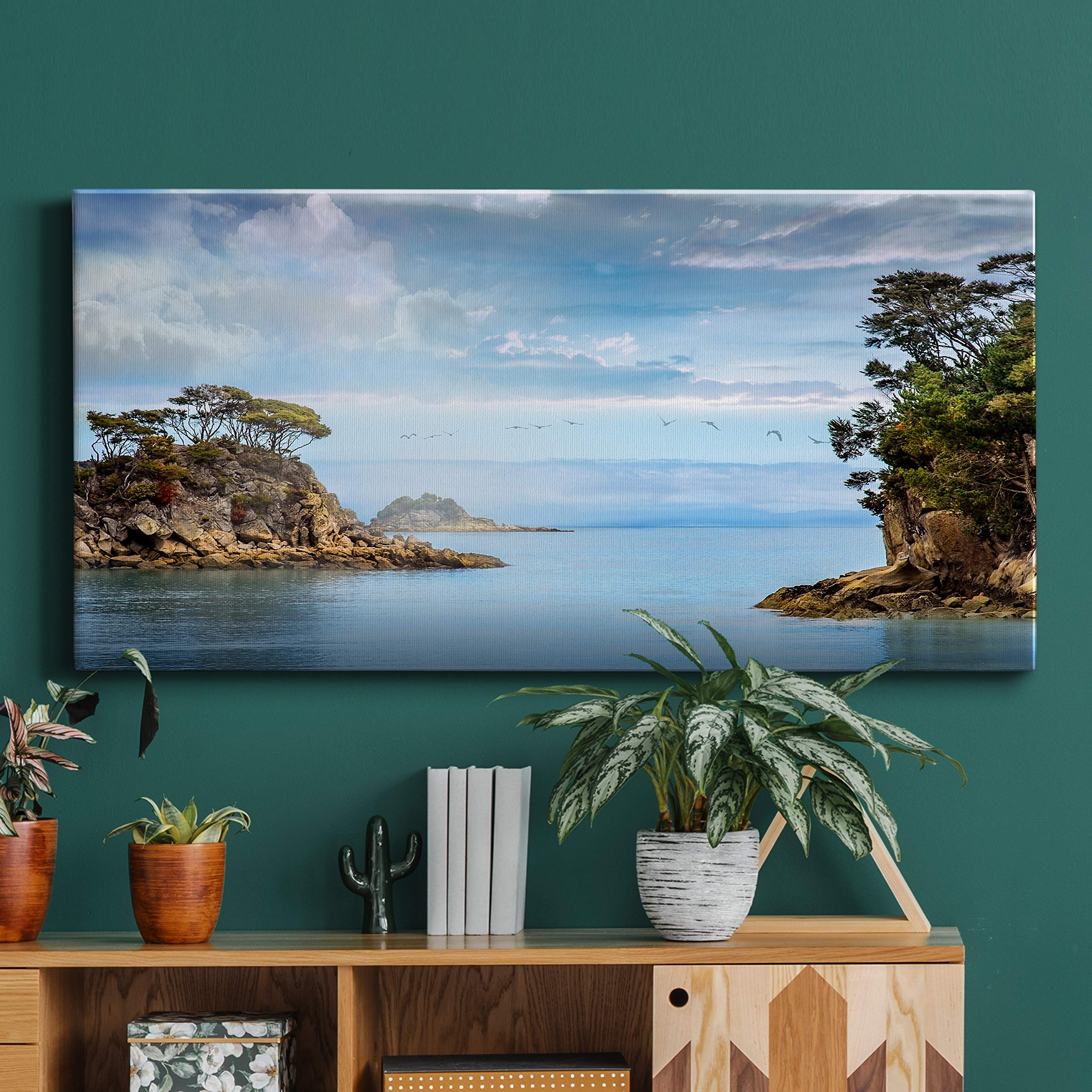 Modern Blue Ocean Coastal Canvas Wall Art - 24x48 Inch Ready to Hang Landscape Print for Living Room, Bedroom, Bathroom & Office Decor - Perfect for Beach House, Coastal Theme or Zen Interior Design