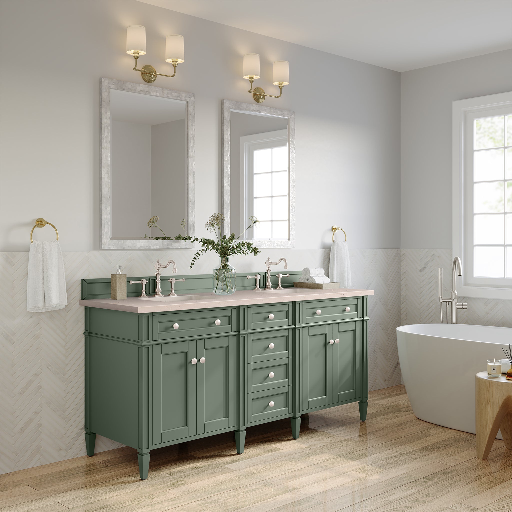Brittany 72-Inch Double Vanity with Smokey Celadon Finish & 3CM Eternal Marfil Stone Top - Perfect for Master Bathroom Remodeling & Luxury Home Upgrade