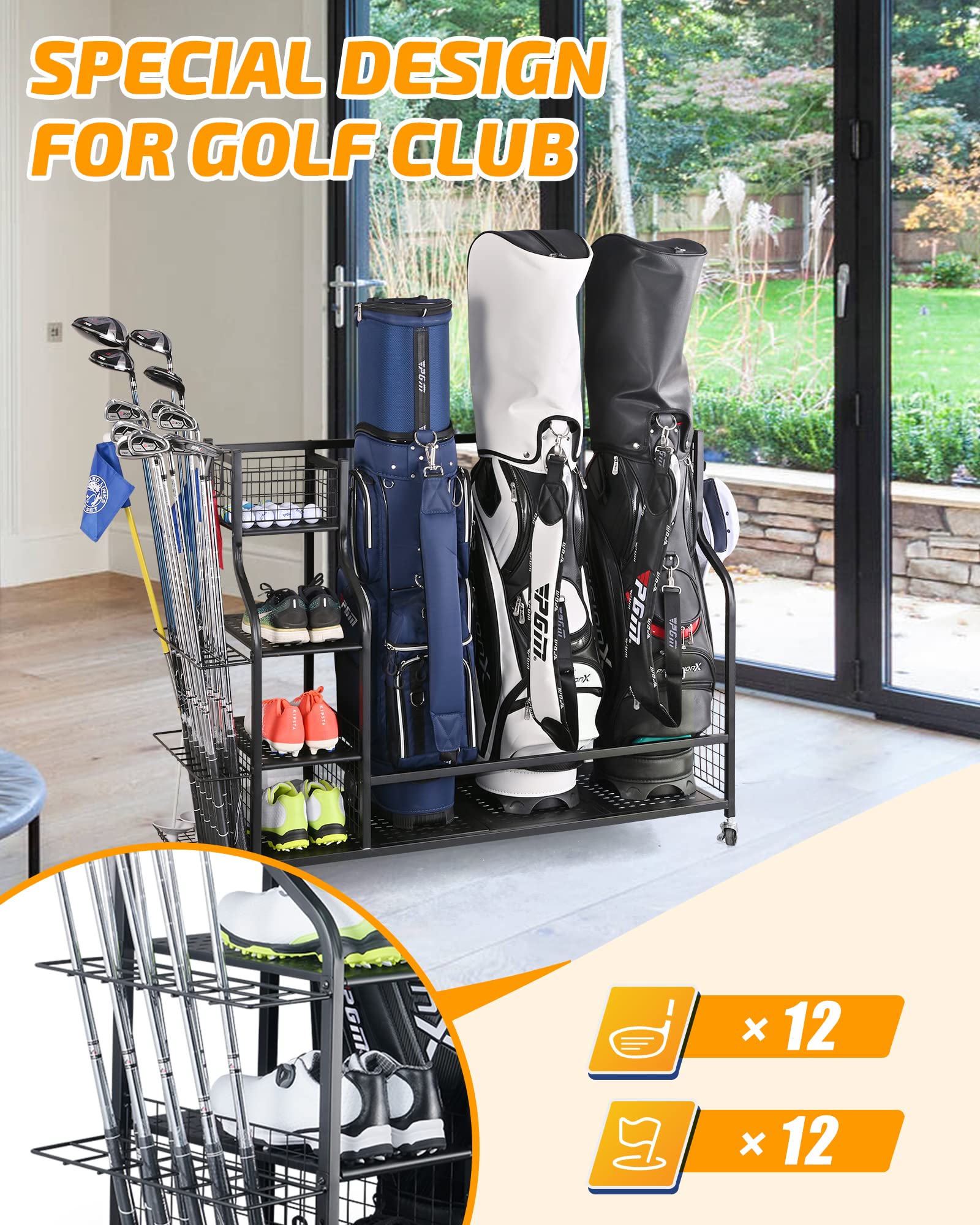 PLKOW Extra Large Golf Bag Storage Stand & Equipment Rack - Heavy Duty Golf Club Organizer for Garage, Shed, Basement | Perfect for Storing Golf Bags, Clubs & Accessories in Home or Outdoor Spaces
