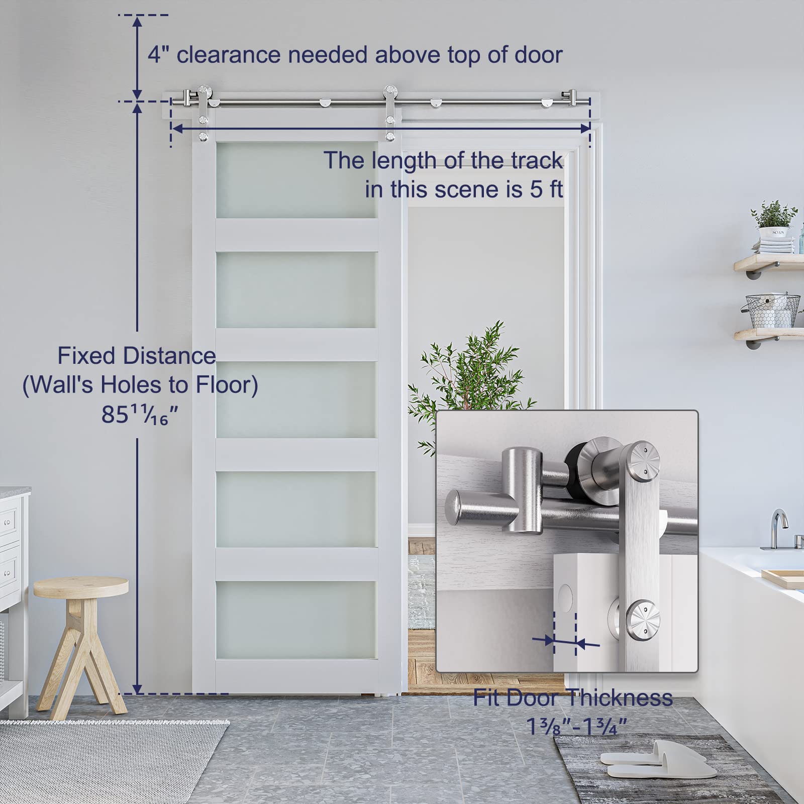 SMARTSTANDARD 5FT Heavy Duty Stainless Steel Sliding Barn Door Hardware Kit - Smooth Quiet Gliding Track System for 26