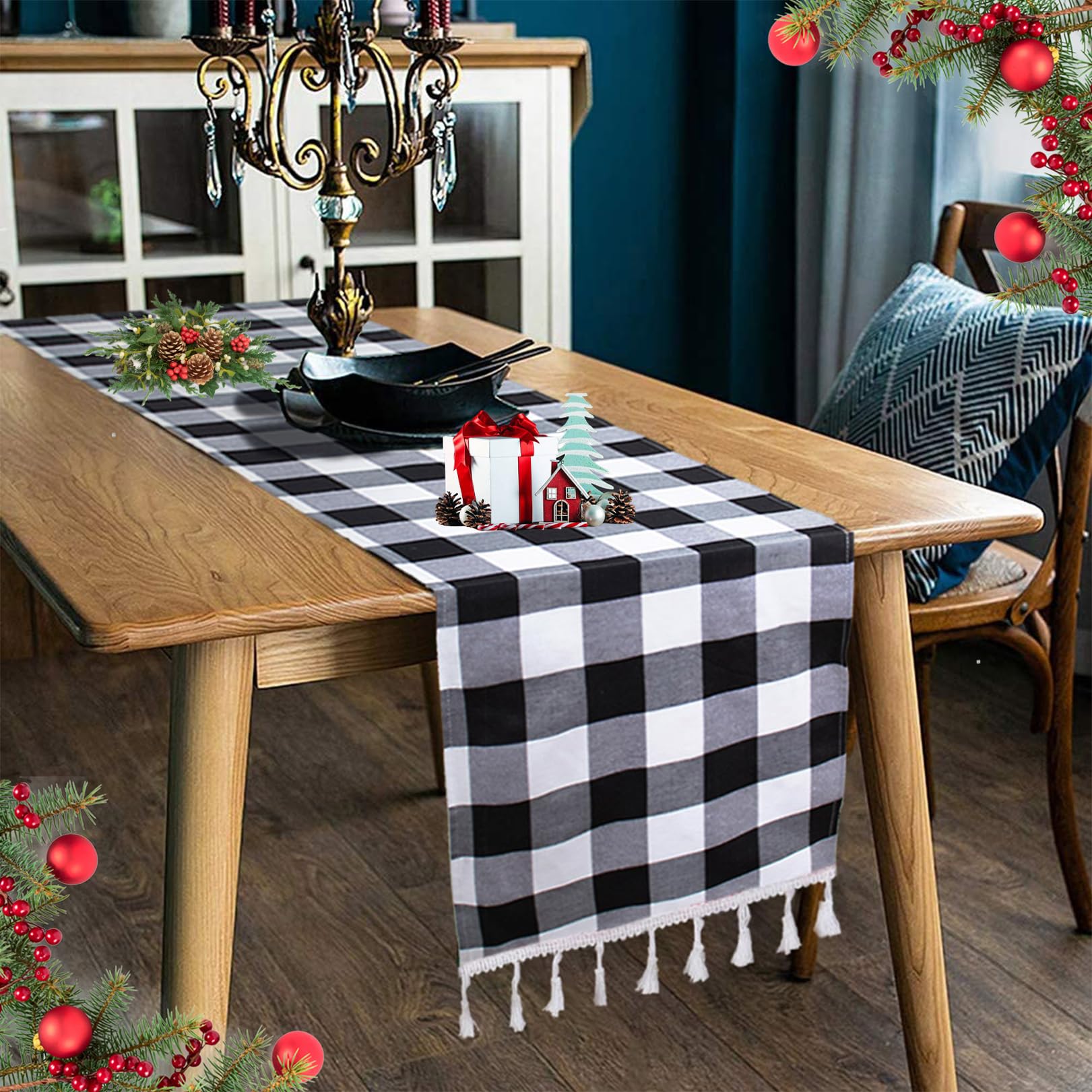 DUOBAO Buffalo Plaid Table Runner 14x108 Inches - Black and White Checked Linen Tablecloth with Tassels for Christmas Decor, Rustic Farmhouse Dining, Holiday Parties & Home Decoration