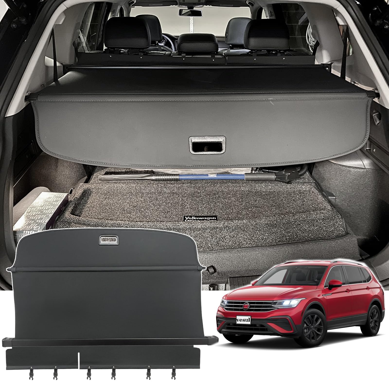 VESUL Retractable Trunk Cargo Cover for Volkswagen VW Tiguan 2025-2018 - Universal Security Shade Shield & Tonneau Cover with Extra Canvas - Perfect for Road Trips, Grocery Hauling, and Luggage Privacy Protection