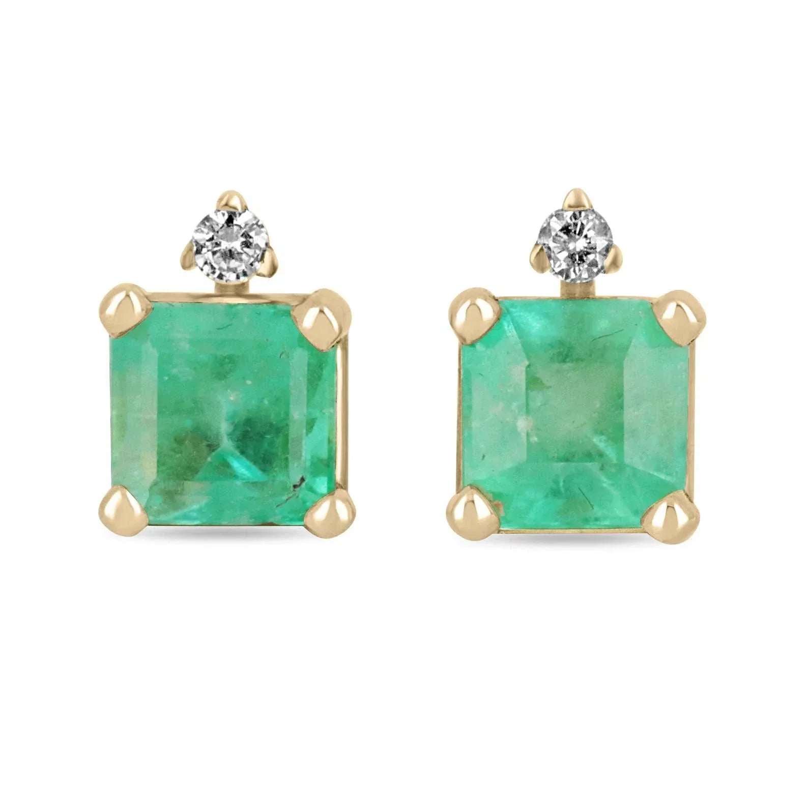 2.07 Carat Total Weight (TCW) Emerald & Diamond Accent 14K Gold Stud Earrings for Women - Perfect for Weddings, Parties & Special Occasions