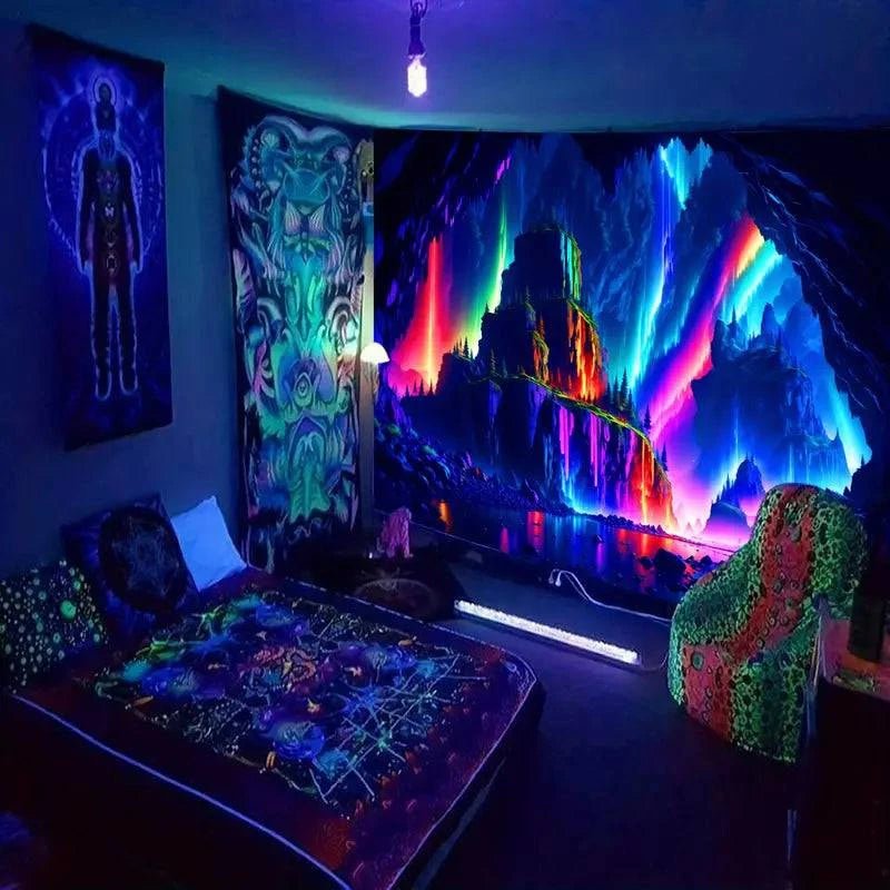 Cave Landscape Glow in the Dark Tapestry - UV Reactive Wall Art Decor for Bedroom, Living Room & Dorm Room Aesthetic
