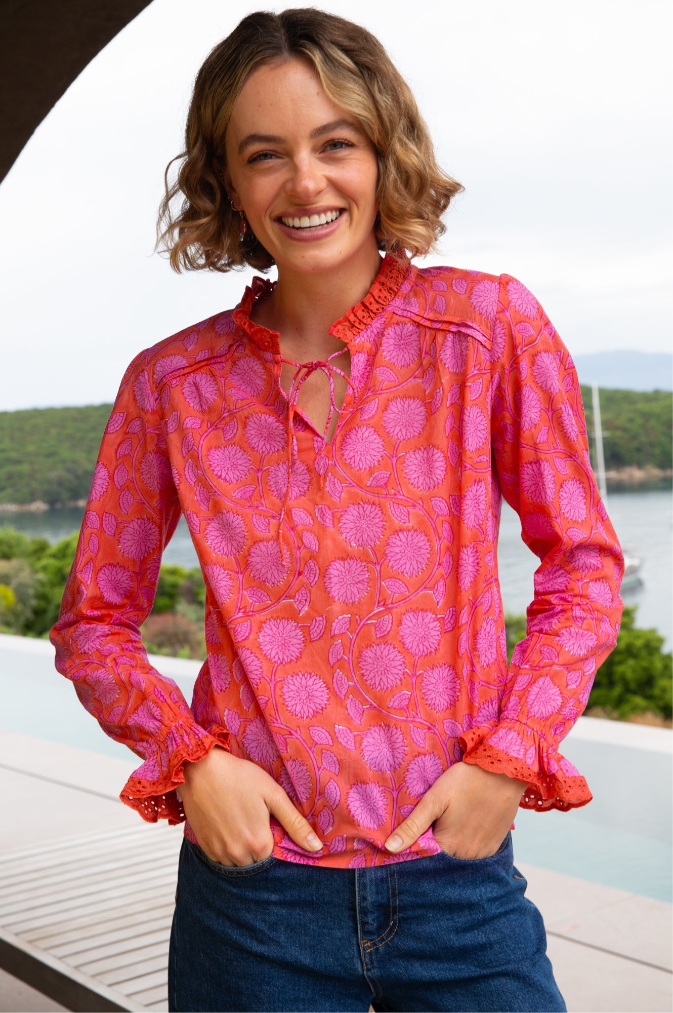 Rosie Organic Cotton Block Print Blouse - Lotus Red & Pink Floral Embroidered Top for Women | Boho Chic Summer Outfit, Casual Wear & Festival Fashion