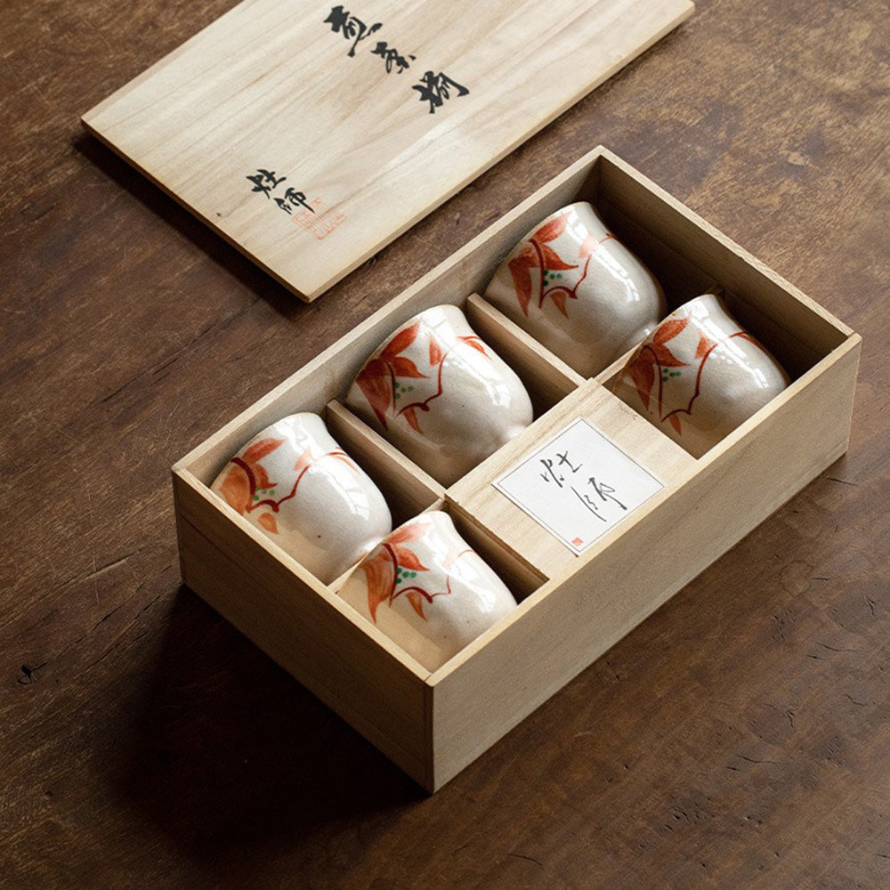 Japanese Ceramic Tea Cup Set - 5 Piece Floral Design Handmade Tea Cups for Home, Office & Gifts | Elegant Tea Time, Japanese Tea Ceremony, Afternoon Tea Party