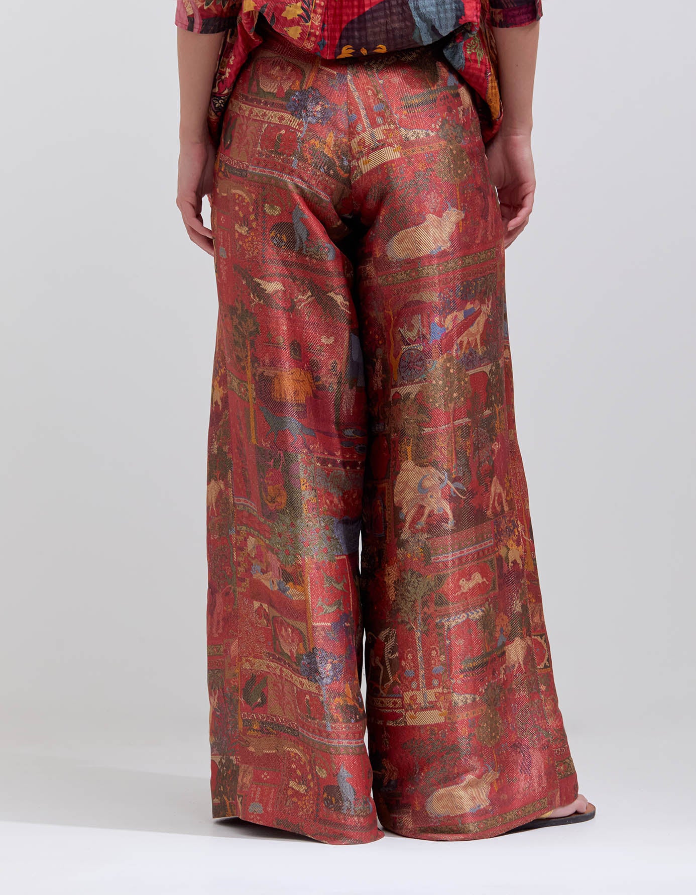 Elegant Silk Brocade Palazzo Pants with Zig Zag Crimson Pattern - Perfect for Women's Boho Chic Outfits, Evening Parties and Special Occasions