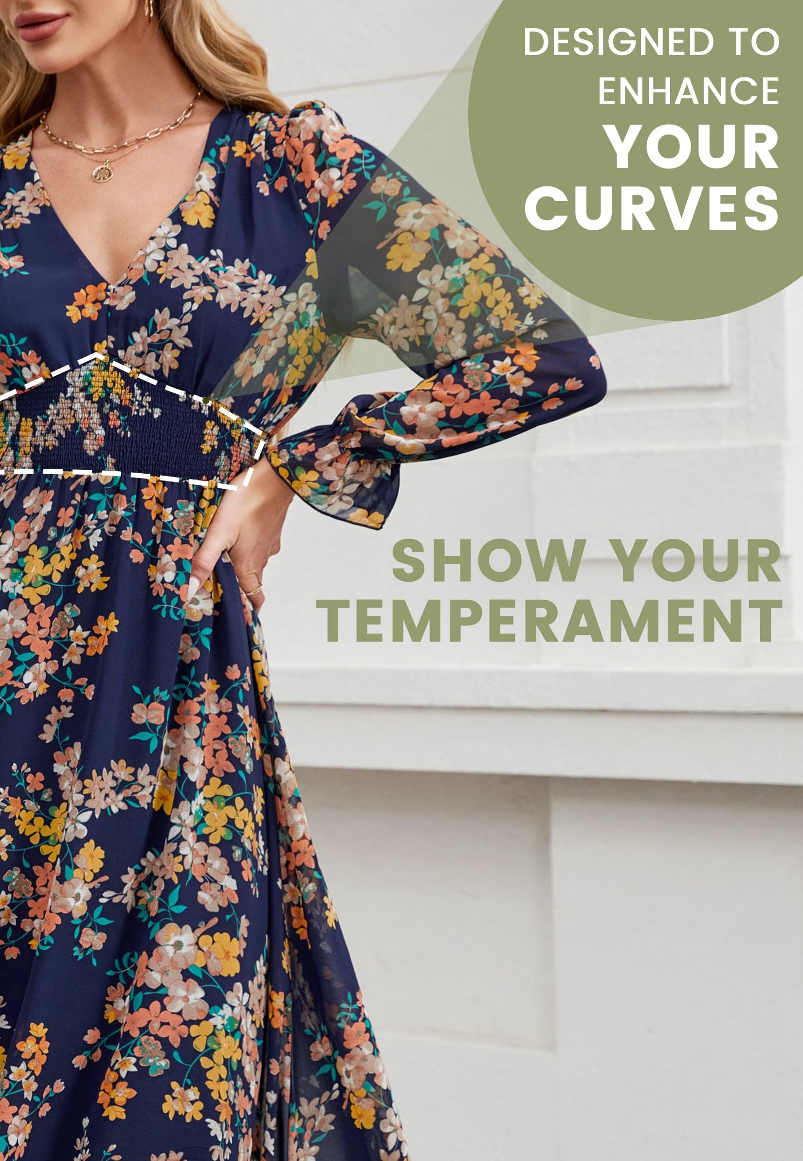 Floral Summer Maxi Dress for Women 2025 - Long Sleeve V-Neck Empire Waist Flowy Dress for Spring Wedding Guest, Beach Vacation & Special Occasions