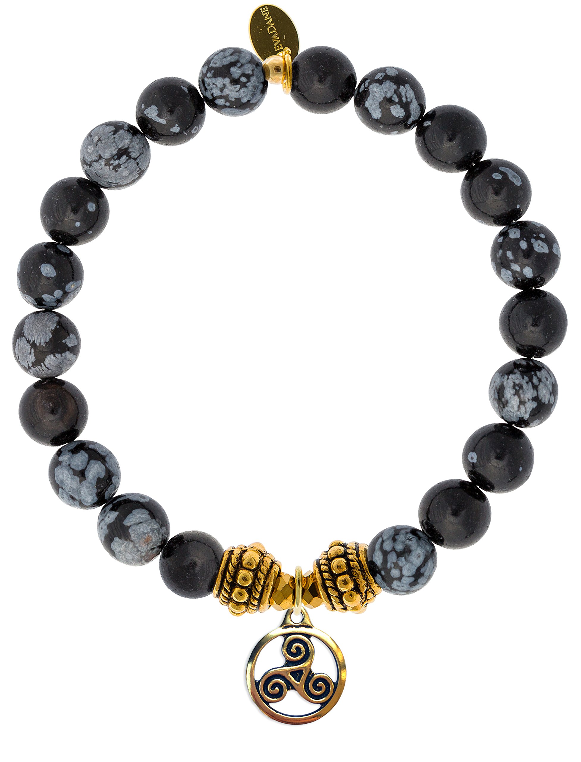 Natural Snowflake Obsidian Gemstone Stretch Bracelet with Rope Bead & Triskele Charm - Spiritual Healing, Yoga & Meditation Jewelry for Women & Men