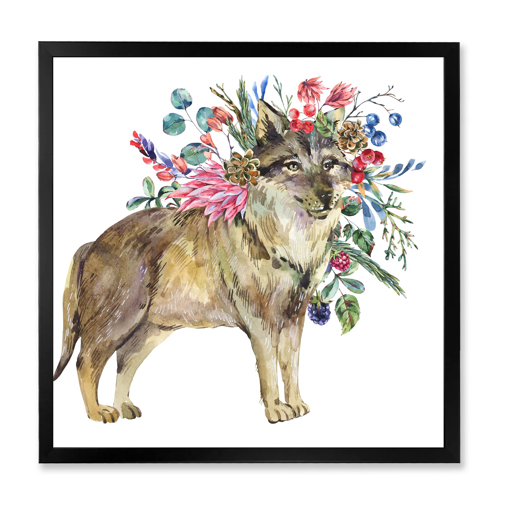 DesignQ Wolf with Woodland Flowers Framed Wall Art - Rustic Farmhouse Decor for Living Room, Bedroom & Office