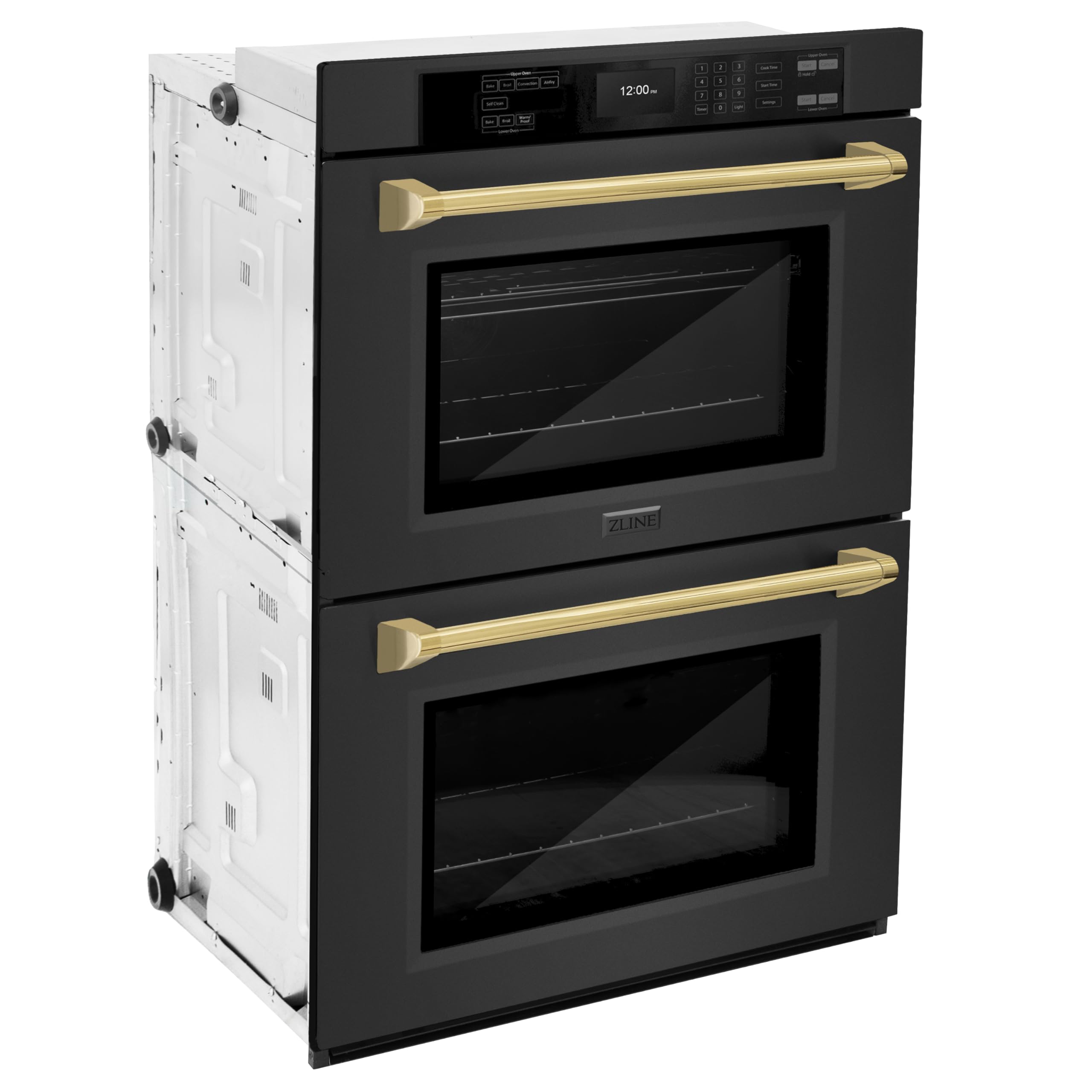 ZLINE 30 Inch Black Stainless Steel Professional True Convection Double Wall Oven with Air Fry & Self Clean - Polished Gold Handles (WADBZ-30-G) | Perfect for Modern Kitchens, Baking, Roasting & Air Frying