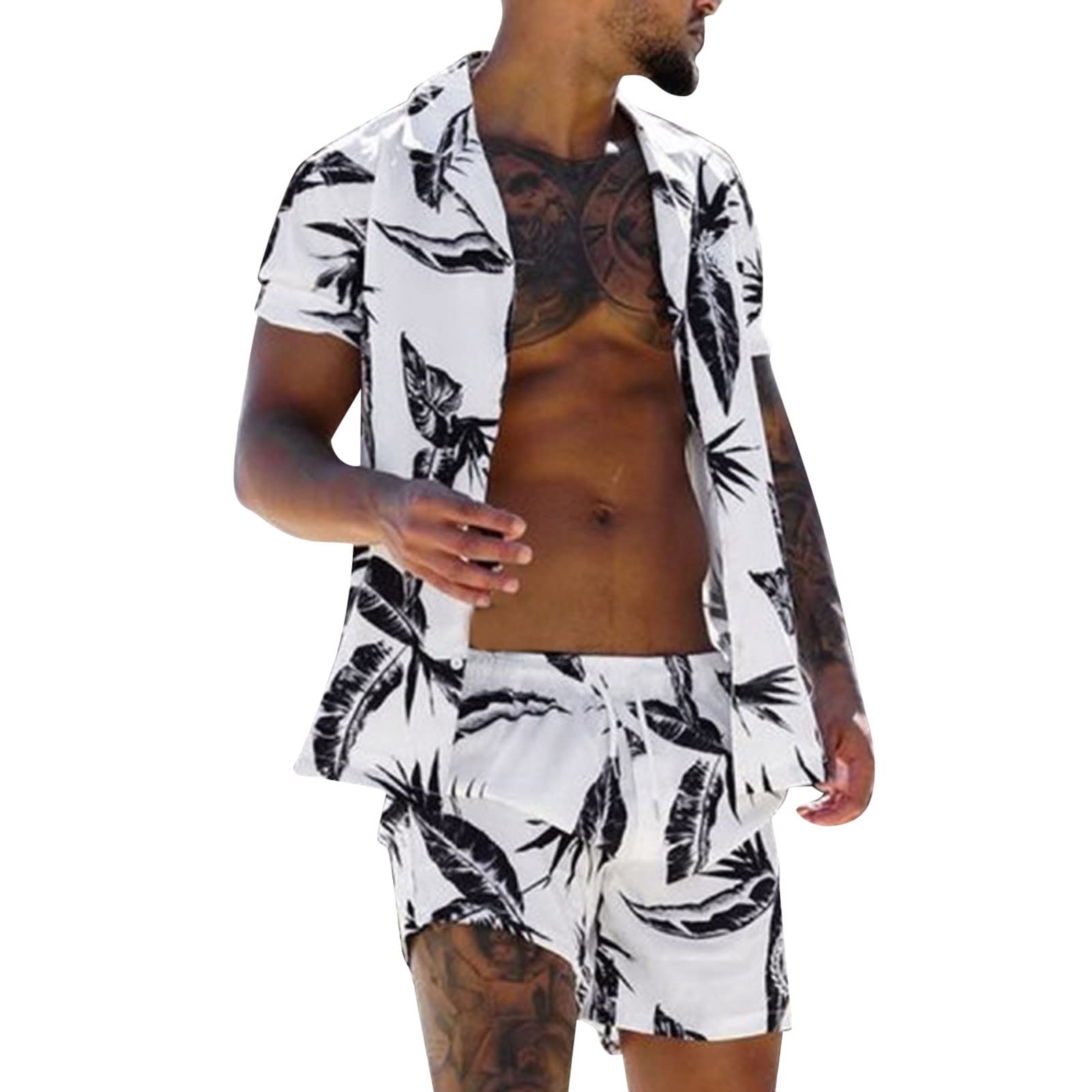 Makalon Men's Slim Fit Beach Printed Short Sleeve Shirt & Shorts 2-Piece Set - Summer Casual Outfit for Beach Vacation, Pool Party, and Outdoor Activities