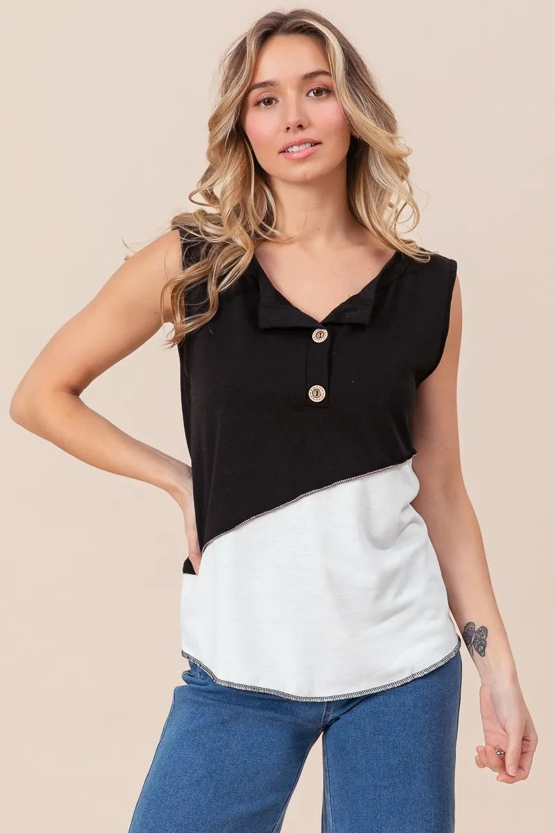 Stylish BiBi Color Block Contrast Stitching Buttoned Henley Top for Women | Trendy Casual & Workwear Blouse | Perfect for Office, Dating & Weekend Outfits