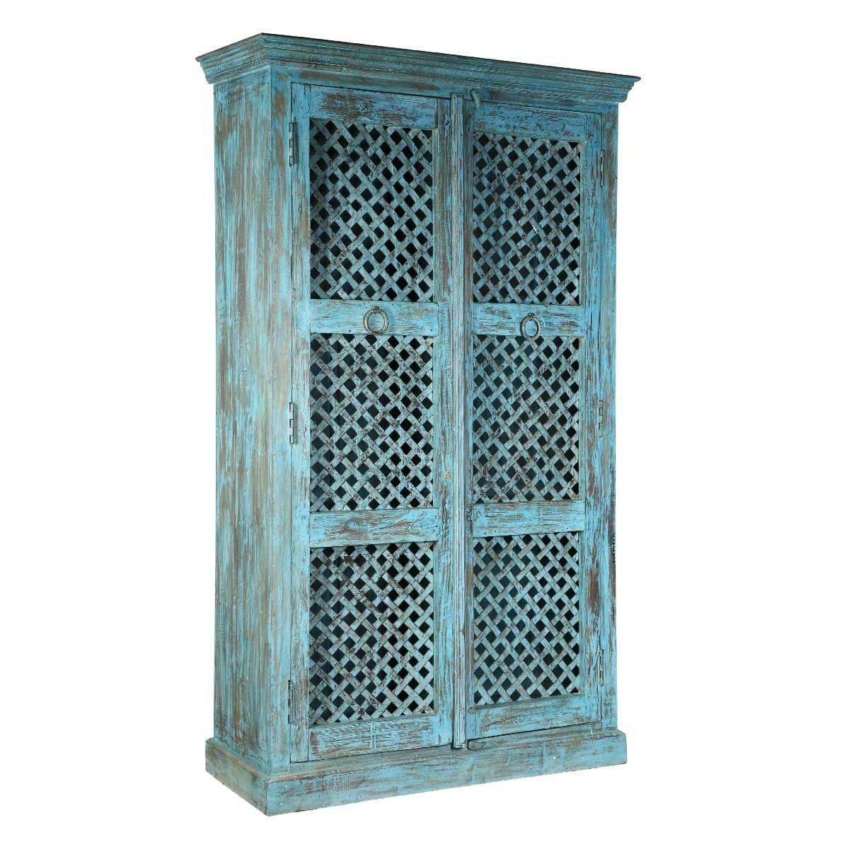Hand Carved Indian Solid Wood Farmhouse Style Lattice Door Cabinet - Rustic Storage Solution for Living Room, Bedroom & Entryway Décor