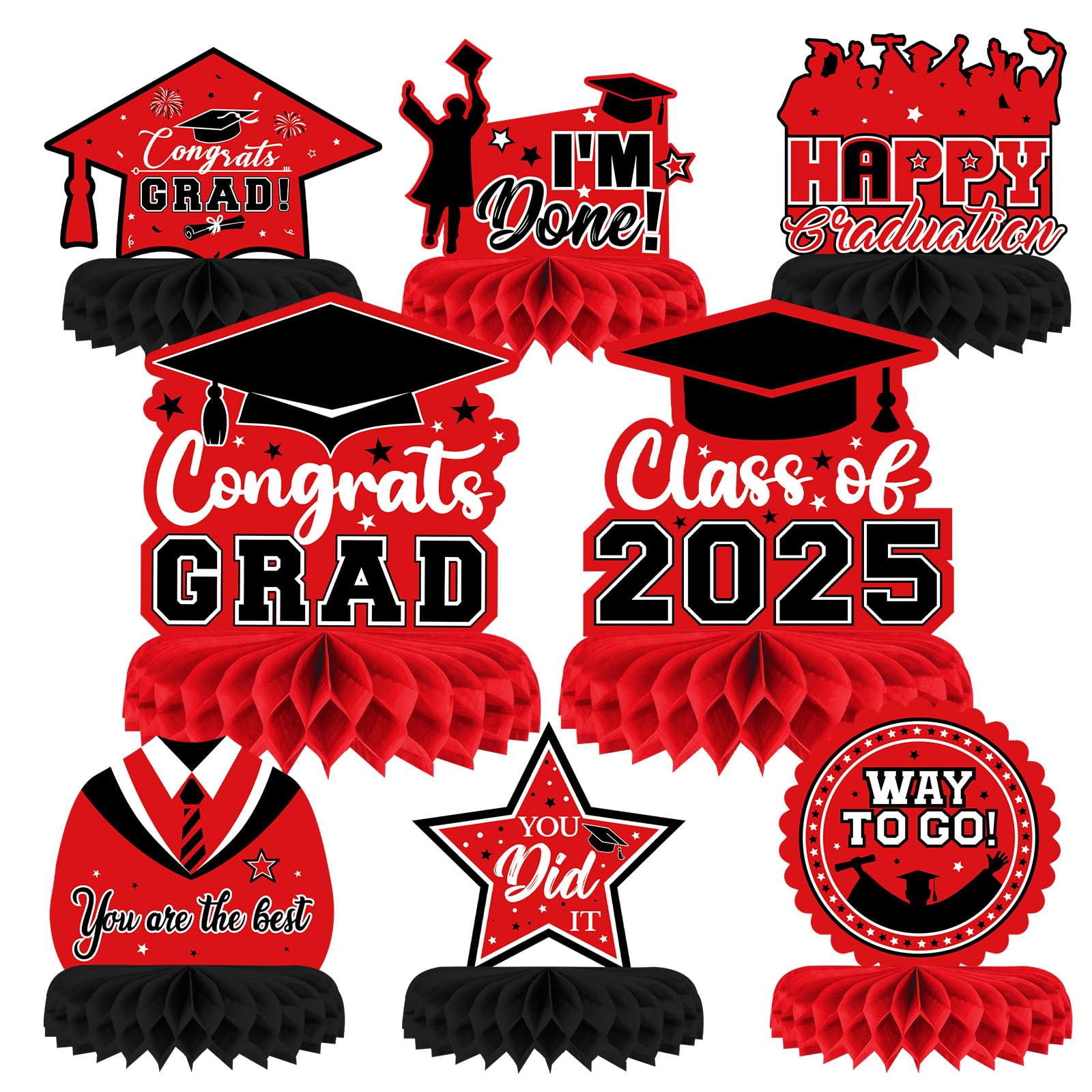 8-Piece Class of 2025 Graduation Table Decor Set - Red & Black Honeycomb Centerpieces for 2025 Grad Party | Congrats Grad Table Toppers | Perfect for Graduation Ceremony Decorations & Party Favors