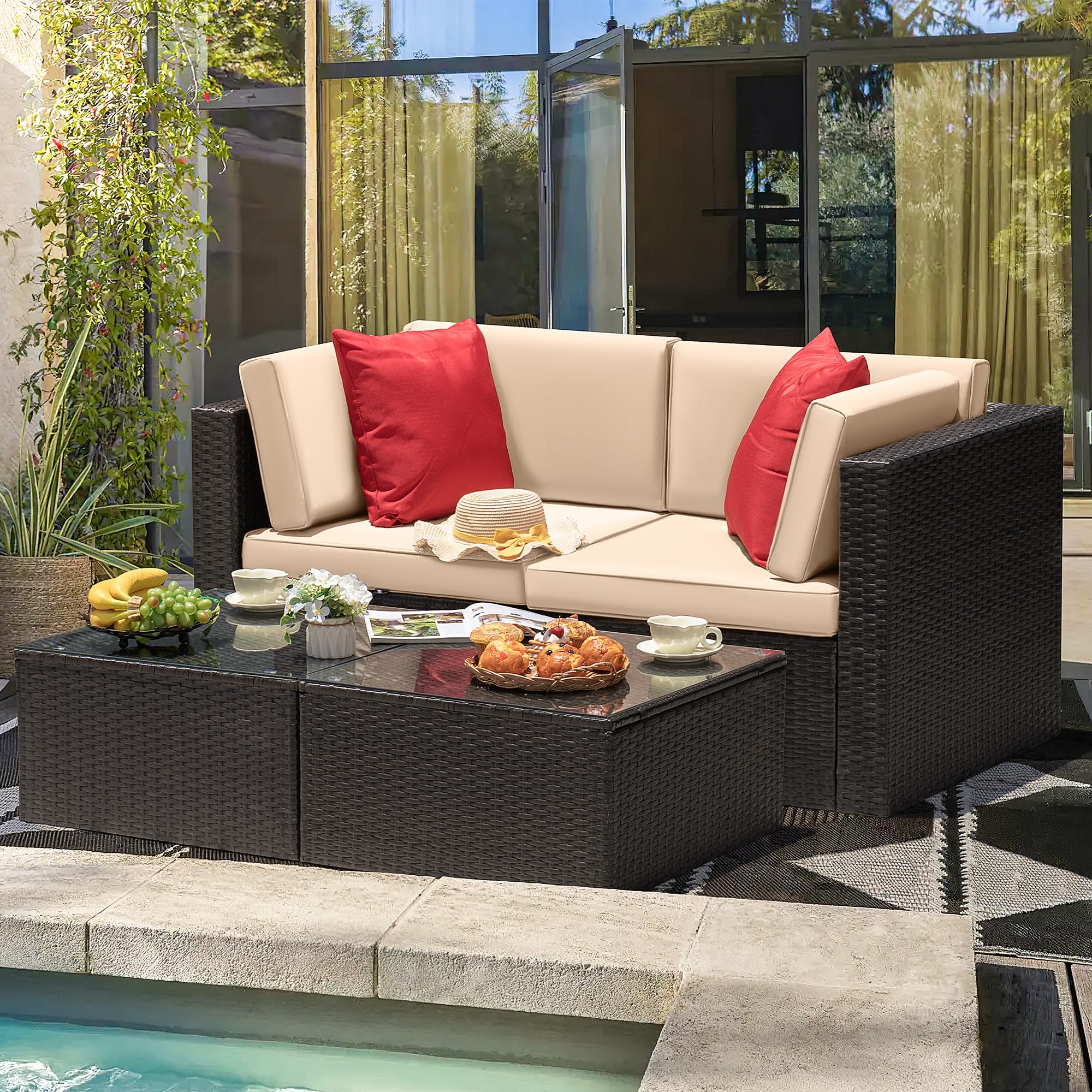 Devoko 4-Piece Outdoor Patio Furniture Set - PE Wicker Rattan Sectional Sofa with Weather-Resistant Cushions for Balcony, Backyard, Garden (Beige) | Perfect for Lounging, Entertaining Guests & Relaxing in Your Outdoor Space