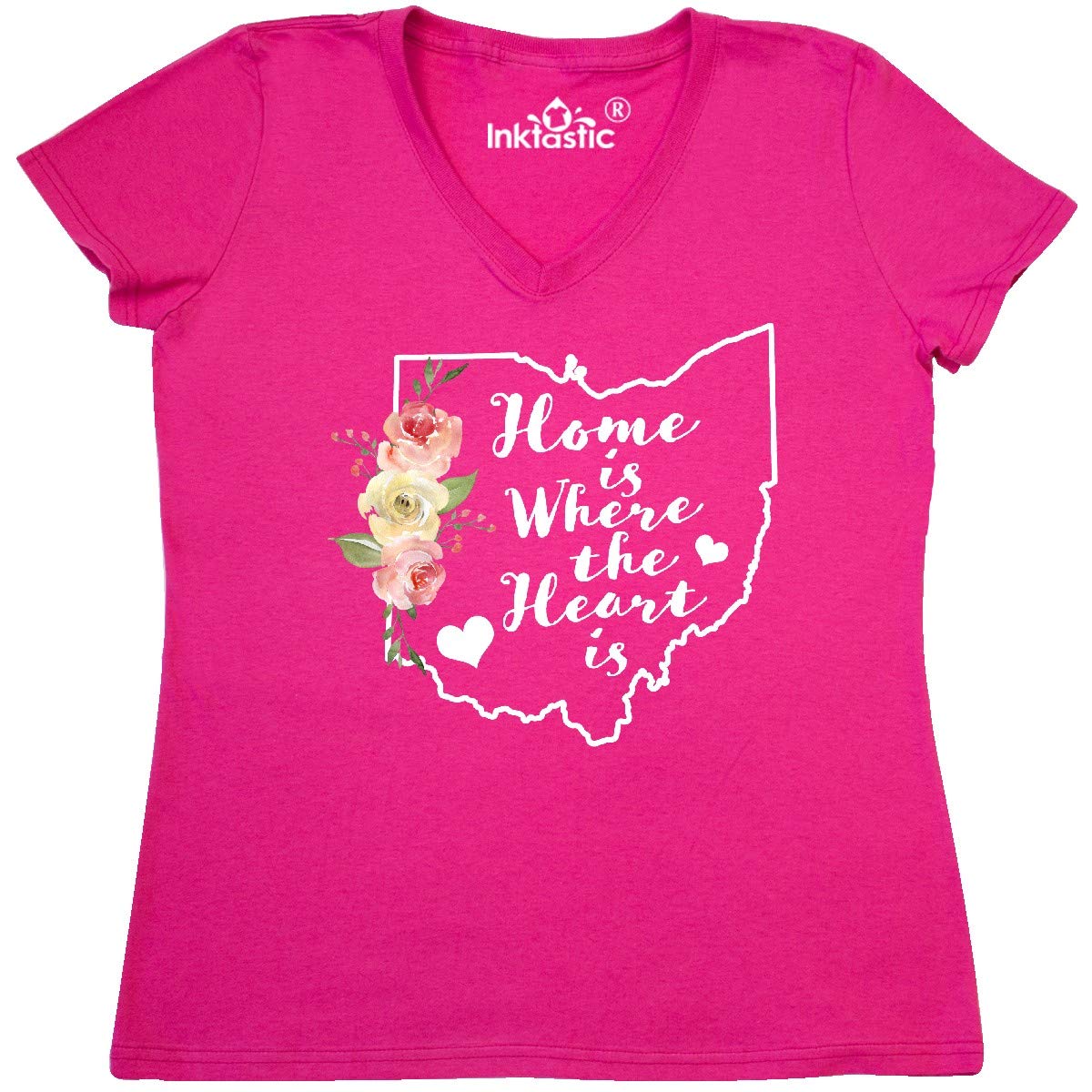 Inktastic Ohio Home is Where The Heart is Women's Watercolor V-Neck T-Shirt - Comfortable Casual Tee for Everyday Wear, Travel & Family Outings