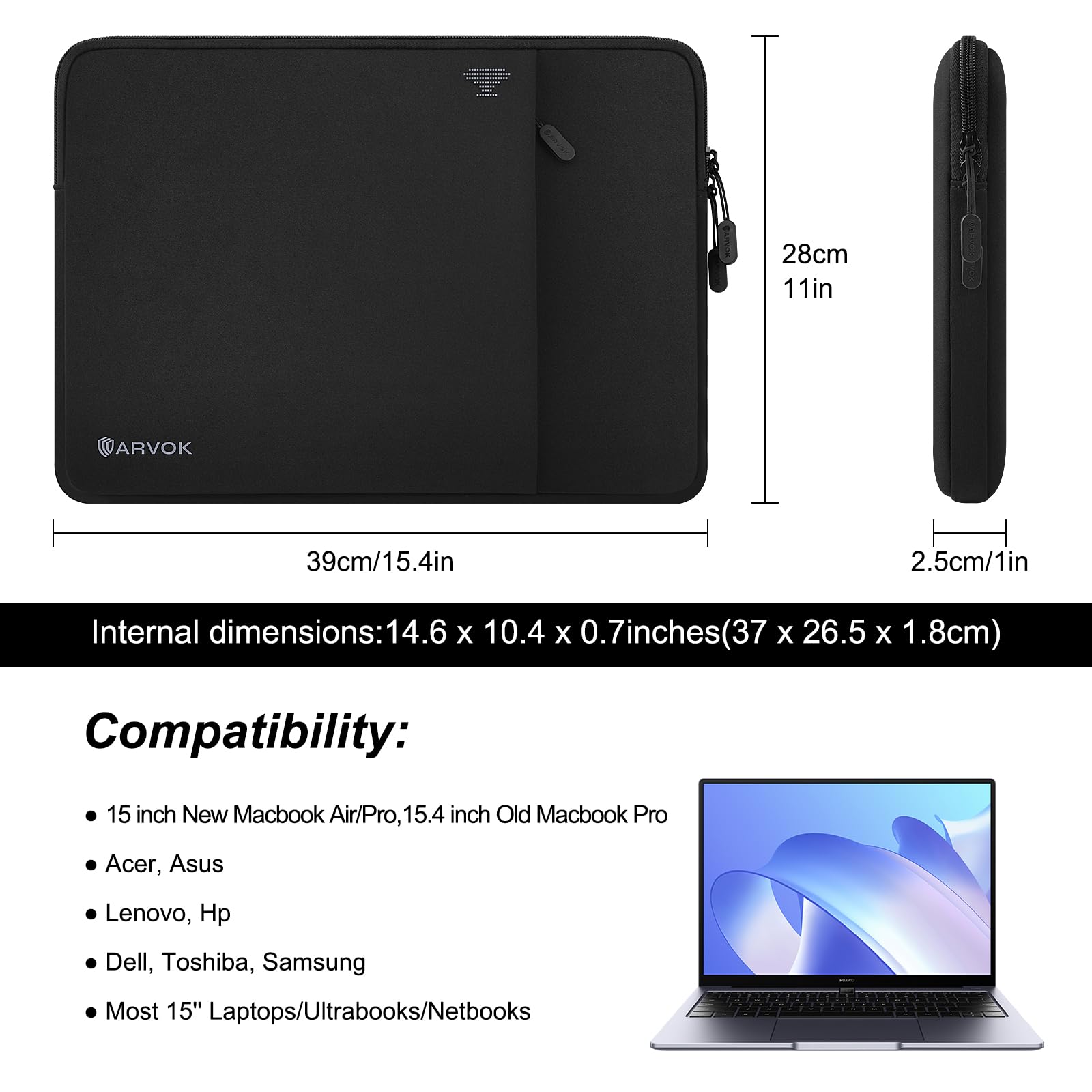 Shockproof 15-16 Inch Laptop Sleeve with Front Pocket - 360° Protective Laptop Case for MacBook Air/Pro, Lenovo, HP, Dell, Asus & Acer - Perfect for Work, Travel & School (Black)