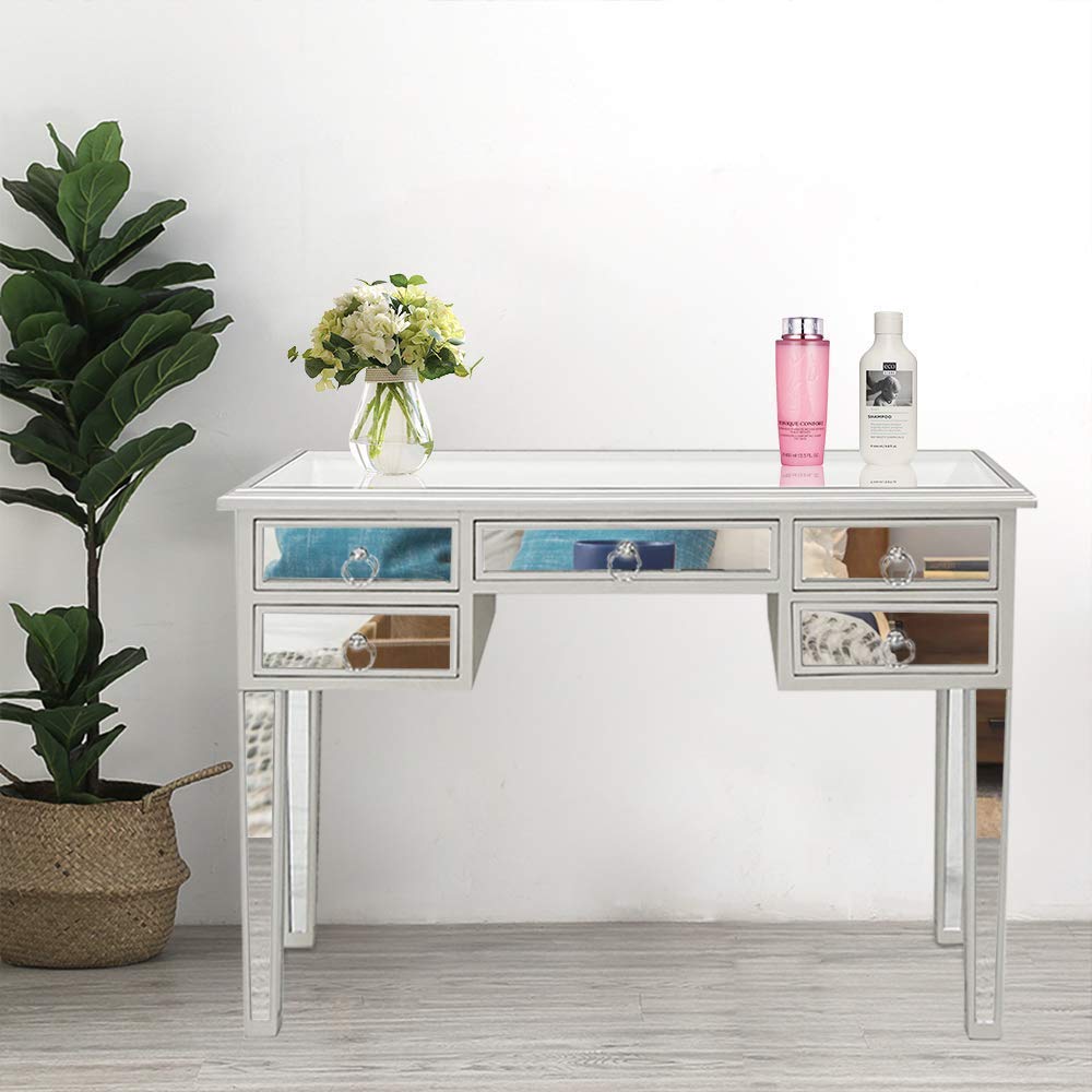 Modern Mirrored Vanity Table with 5 Drawers - Silver Makeup Desk & Writing Table for Women, Home Office & Bedroom - Elegant Console Table with Smooth Finish for Dressing, Working & Media Storage