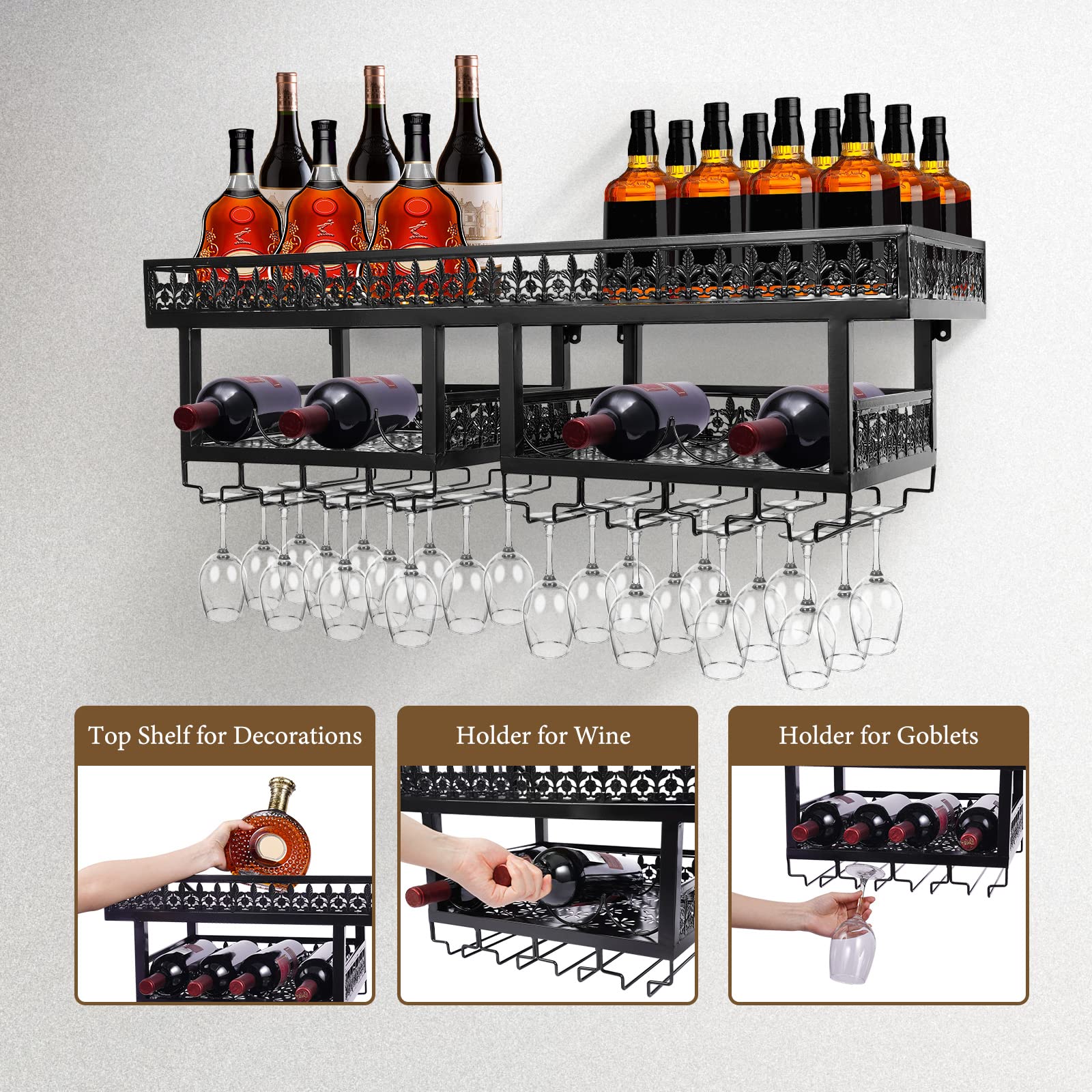 2-Tier Wall Mounted Metal Wine Rack - Industrial Retro Hanging Shelf for Wine Bottles & Glasses - Space-Saving Kitchen/Bar Storage Solution - Perfect for Small Spaces, Apartments & Home Decor (Black)
