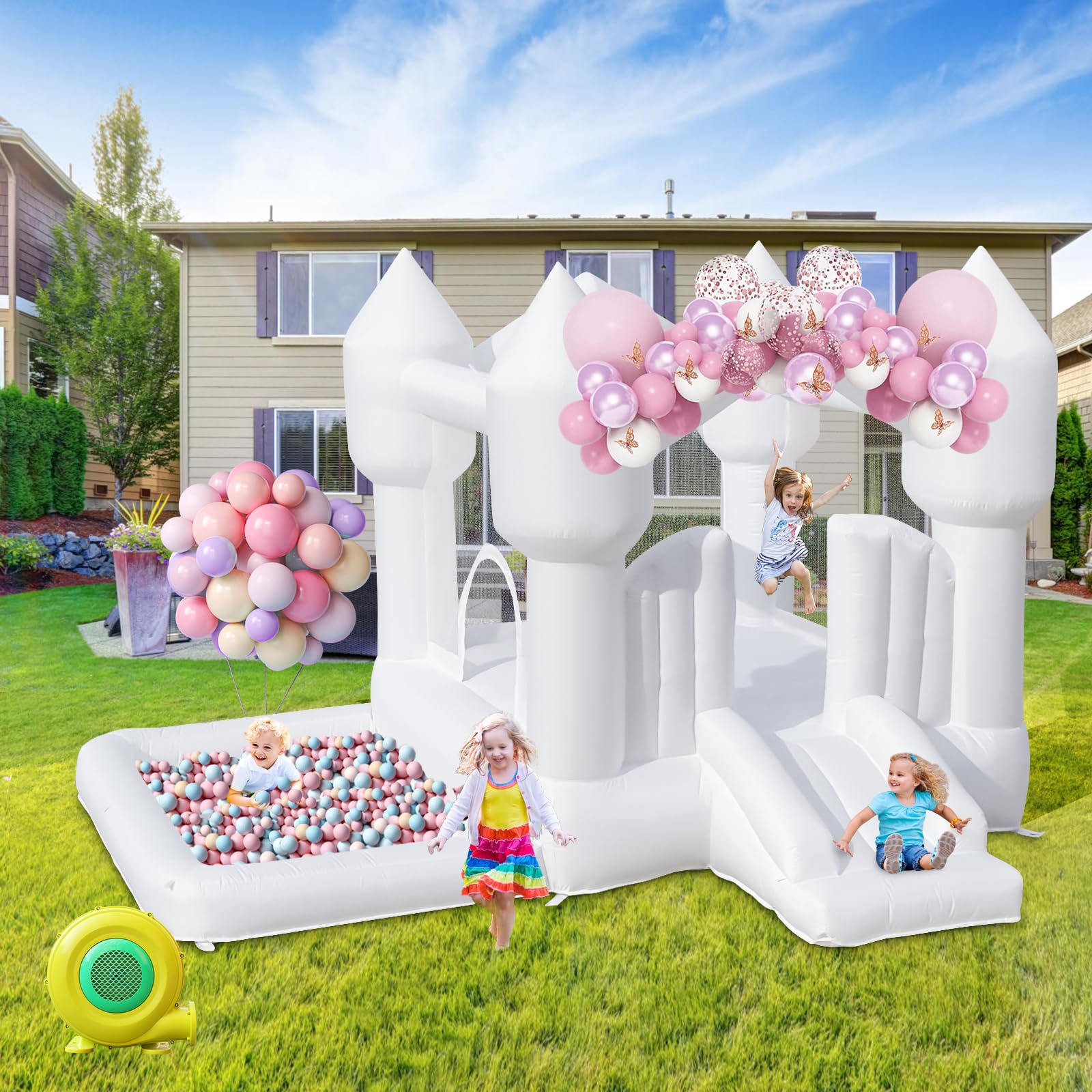 **Inflatable Bounce House for Kids with Slide - White Bouncy Castle for Birthday Parties, Weddings, Backyard & Indoor/Outdoor Fun (Includes Blower) - Perfect for Playdates, Events & Family Gatherings**