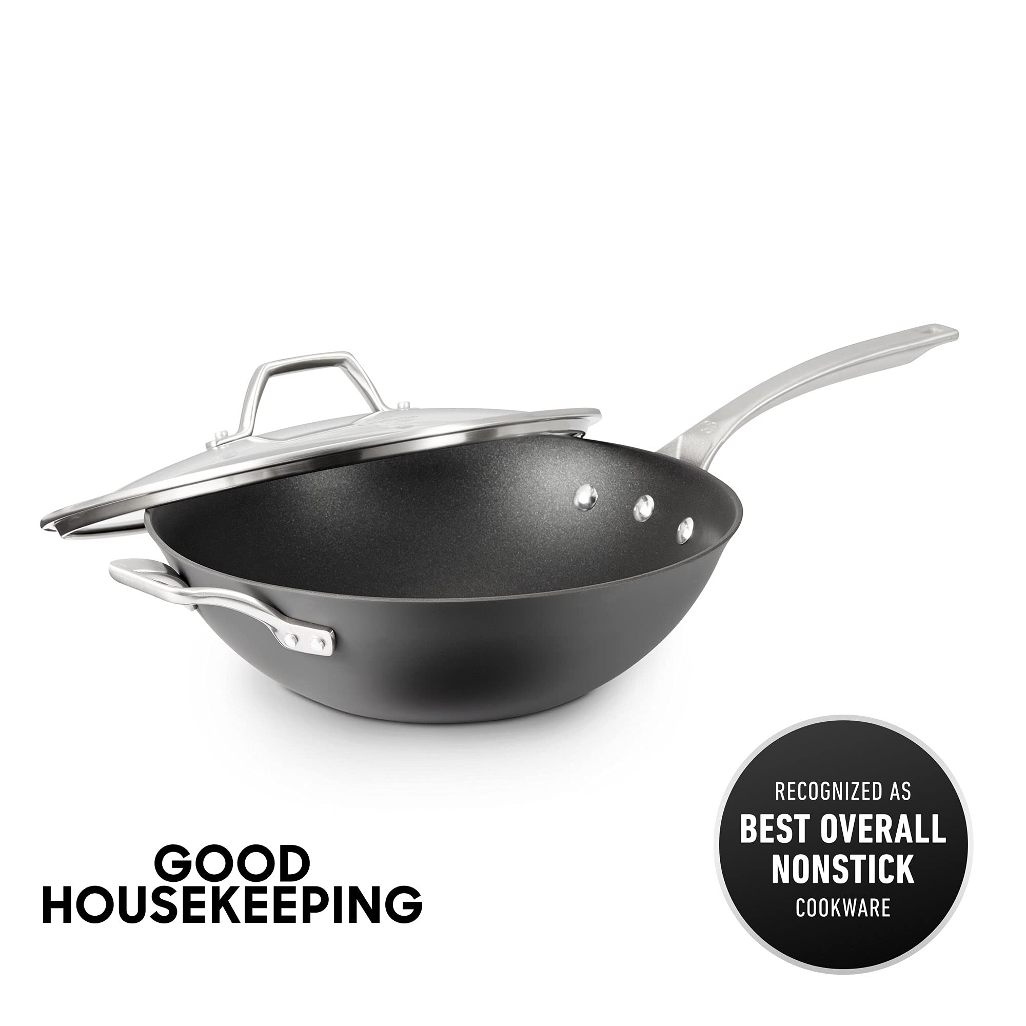 Calphalon Signature Hard Anodized Nonstick 12-Inch Covered Flat Bottom Wok Pan - Black - Durable Cookware for Stir-Frying, Sautéing & Asian Cooking - Perfect for Gas, Electric & Induction Stoves