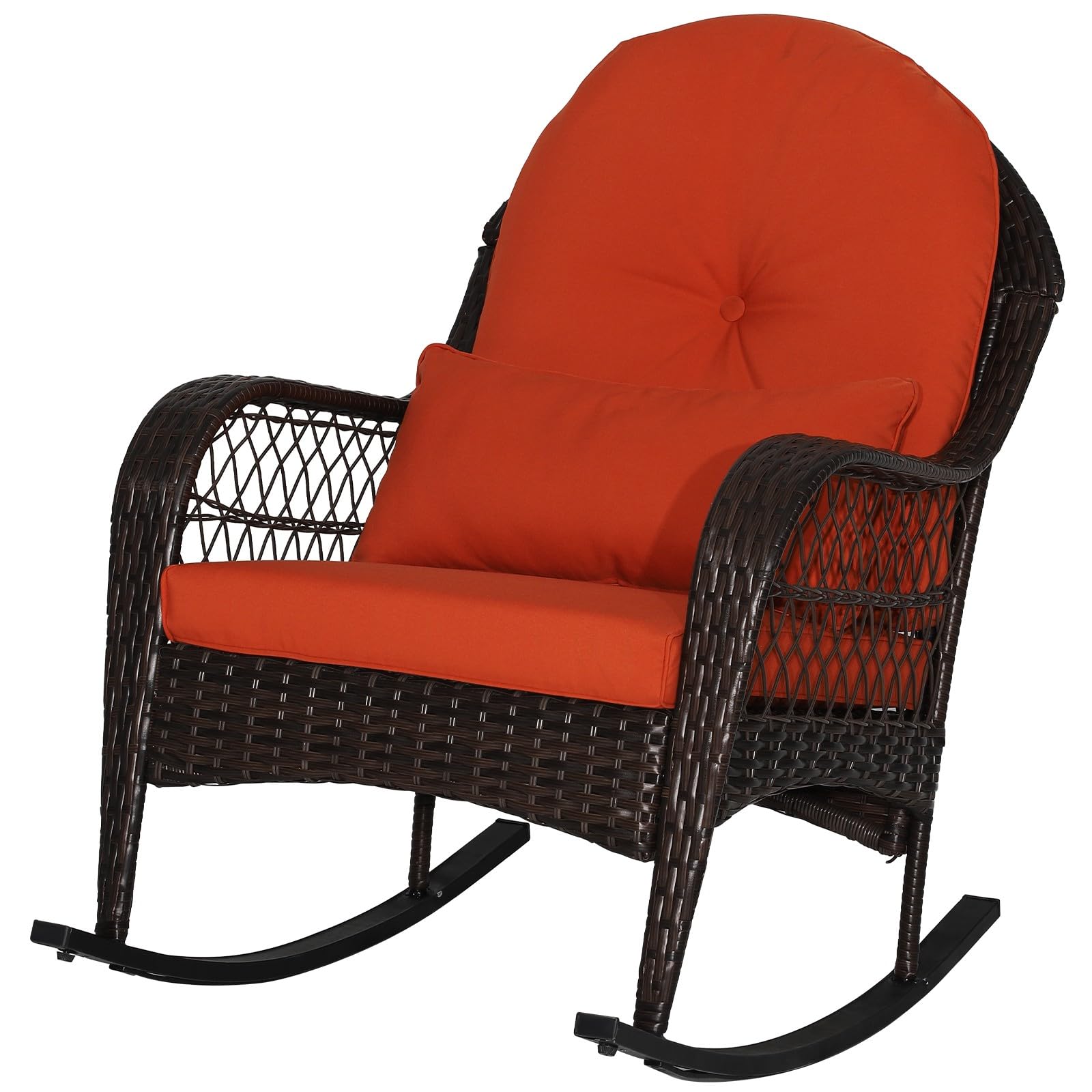 **MEDIMALL Outdoor Wicker Rocking Chair with Lumbar Pillow & Cushions – Patio Rattan Rocker with Padded Seat, Durable Metal Frame, Mix Brown Wicker Furniture for Balcony, Porch, Deck, Backyard (Red) – Perfect for Relaxing, Reading, or Sunbathing**