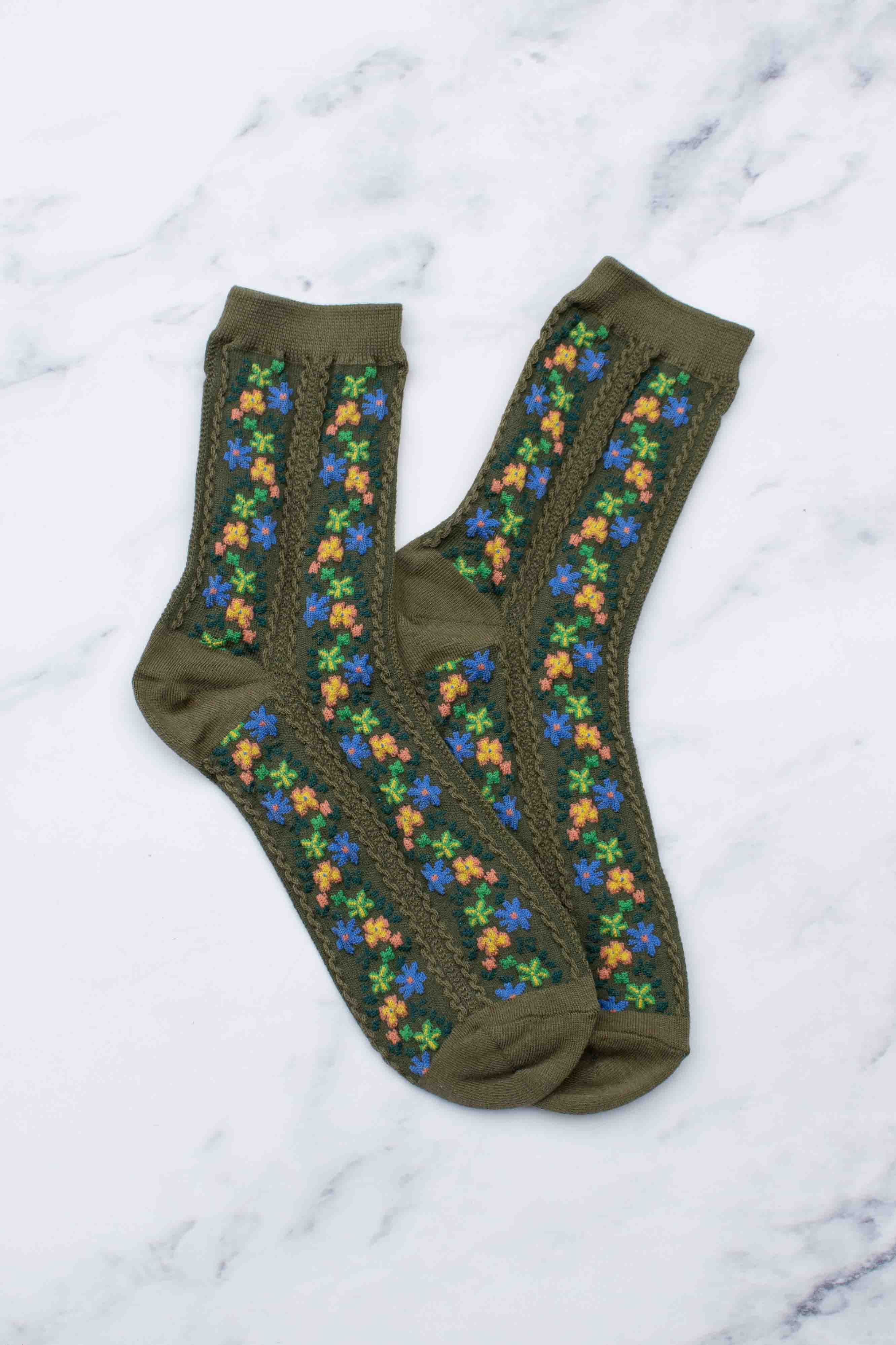 Vibrant Floral Socks for Women | Soft Olive Green Cotton Ankle Socks - Perfect for Casual Wear, Gifts & Everyday Comfort