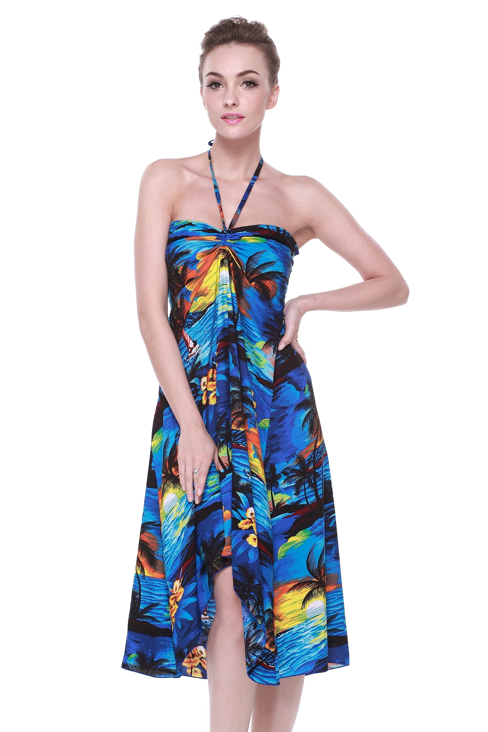 **Couple Matching Hawaiian Luau Party Outfit Set - Tropical Sunset Blue Shirt & Dress for Beach Vacation, Summer Party, and Theme Events**