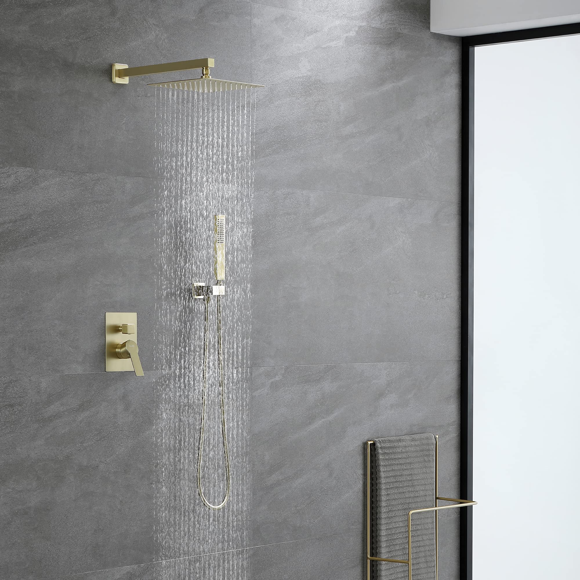 SHAMANDA 10-Inch Rain Shower Head with Handheld Sprayer - Pressure Balancing Shower System Combo Set in Brushed Gold - Wall Mount Bathroom Faucet with Rough-In Valve (Model L701-3) - Perfect for Luxurious Spa-Like Showers and Modern Bathroom Upgrades