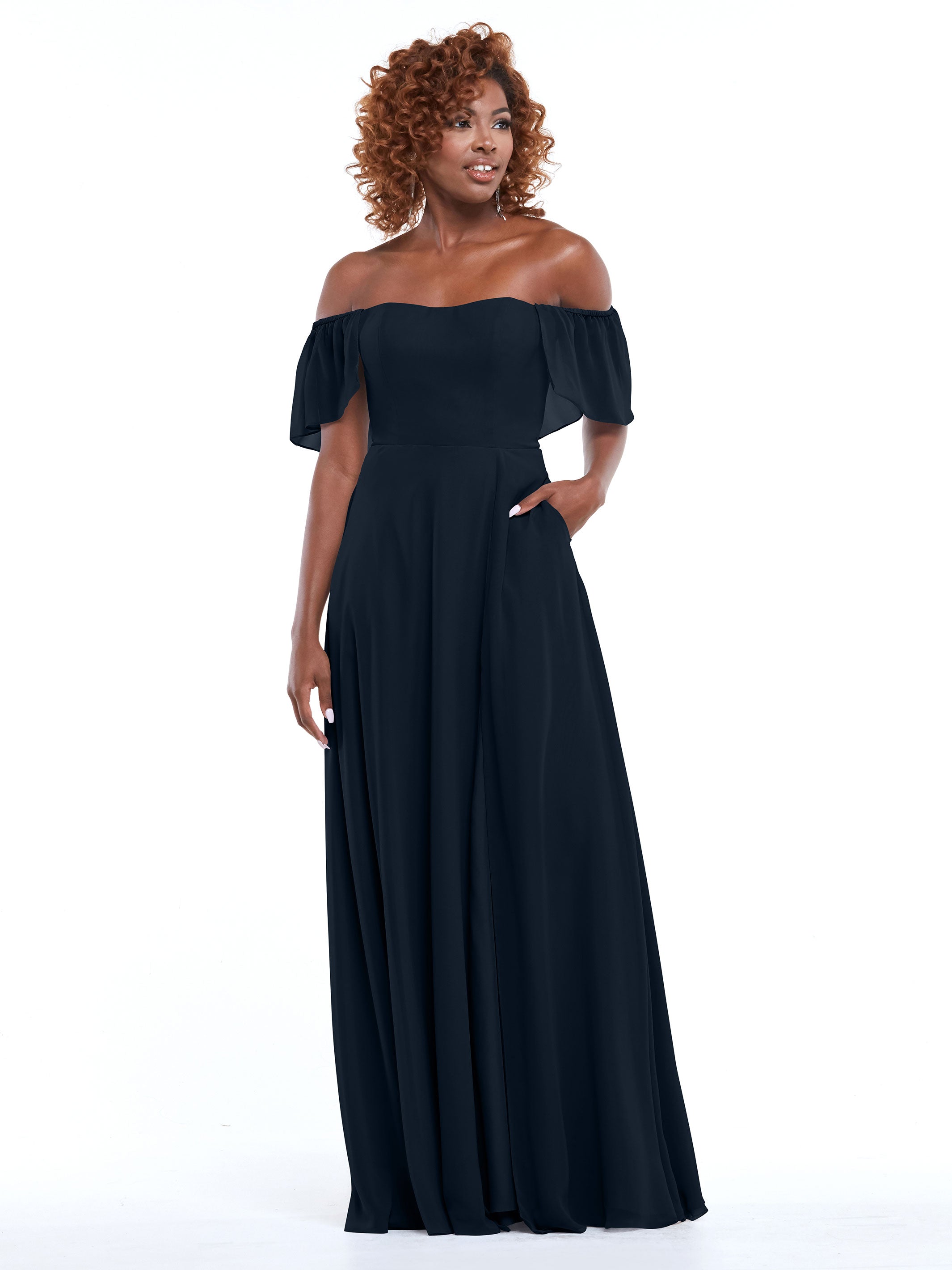 Elegant A-Line Off-The-Shoulder Chiffon Bridesmaid Dress with Pockets - Perfect for Weddings, Parties & Formal Events (Style: ALT2)