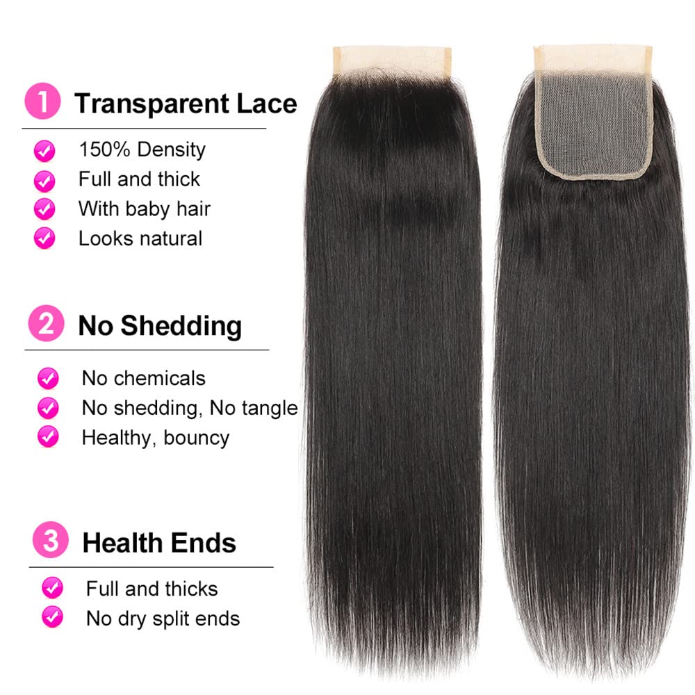 100% Unprocessed Brazilian Virgin Human Hair Bundles with 4x4 Lace Closure (20 22 24+18) - Straight Hair Weave Extensions for Natural Look | Perfect for Daily Styling, Special Occasions & Protective Hairstyles