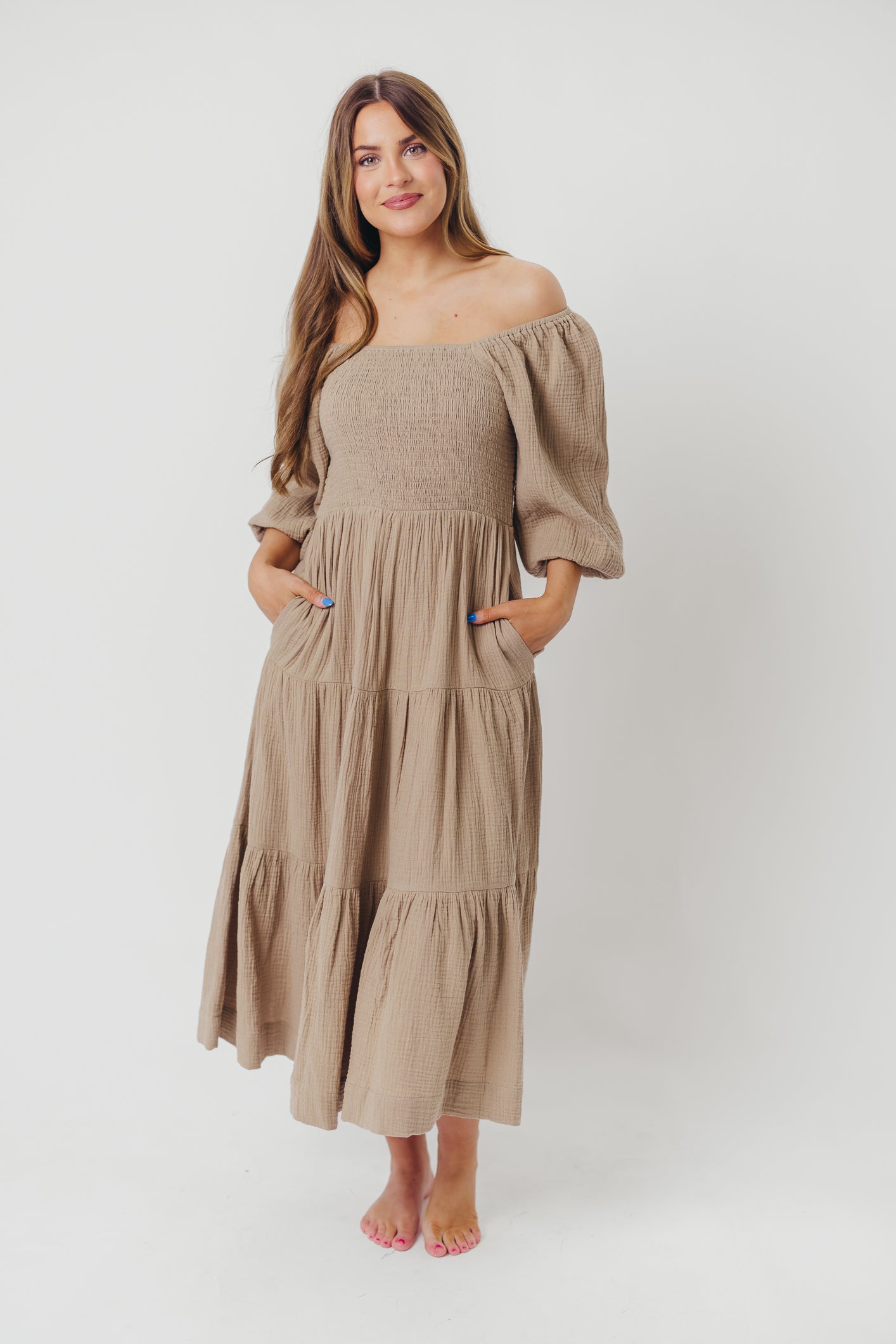 Taylor Cotton Smocked Midi Dress with Tiered Skirt in Pumice | Inclusive Sizing XS-XXL | Women's Summer Boho Dress for Beach, Wedding & Vacation