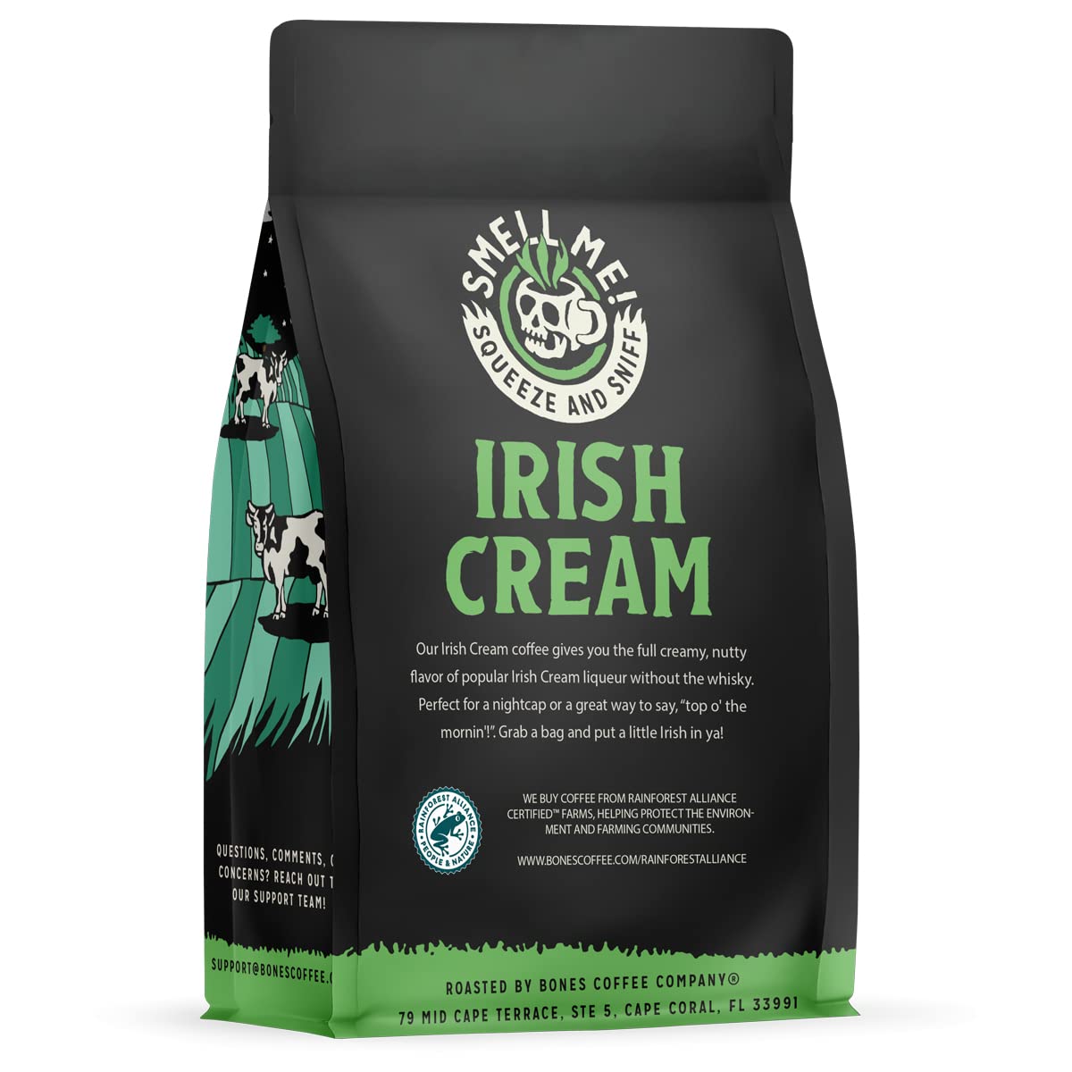 Bones Coffee Company Irish Cream Flavored Medium Roast Coffee Beans - Low Acid, Nutty Flavor Ground Coffee (12 oz) - Perfect for Breakfast, Office & Gift Giving