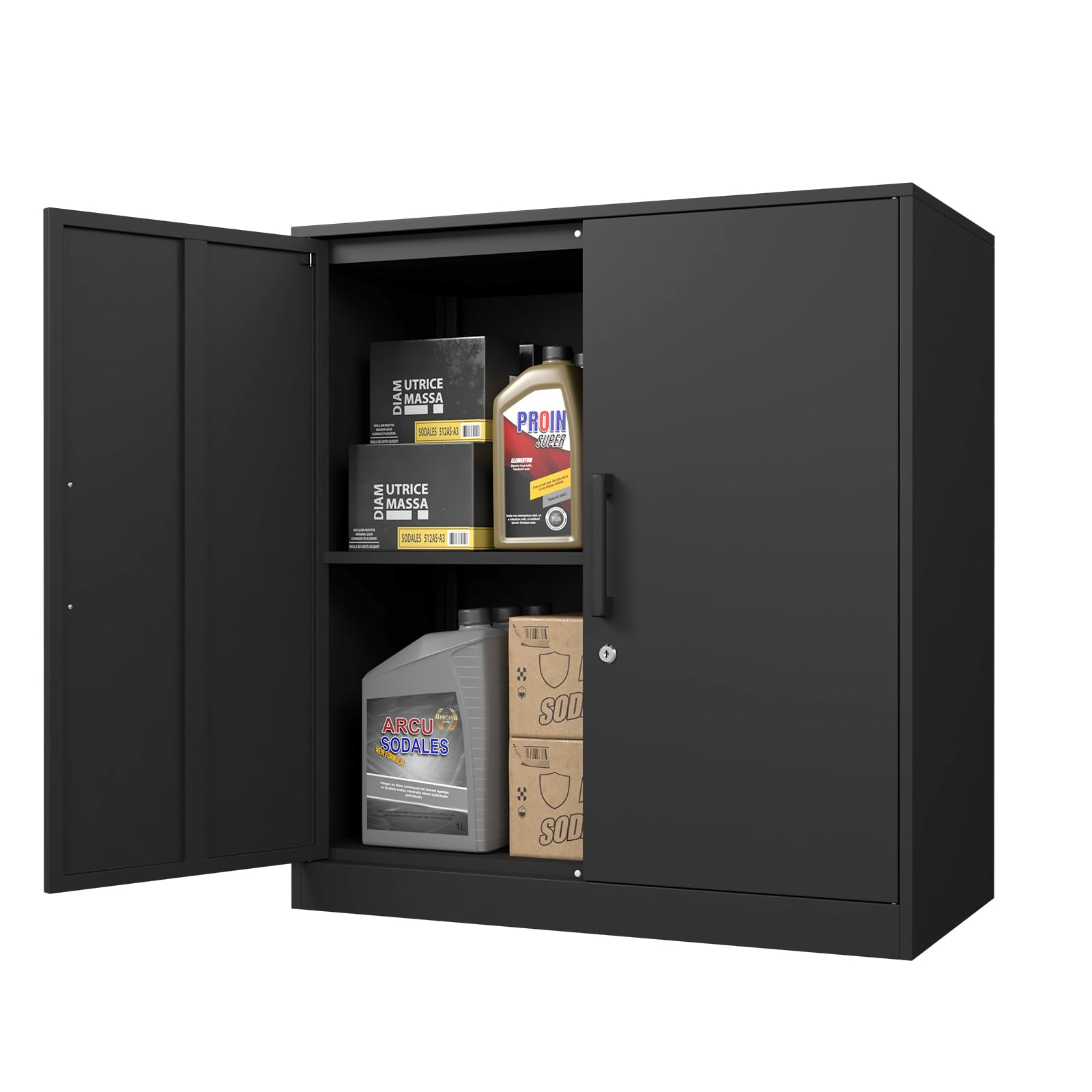 Black Metal Wall Cabinet with 2 Doors & Lock - Hanging Storage Cabinet with Shelves & Handle for Garage, Living Room, Kitchen, Office - Organize Tools, Supplies & Home Essentials