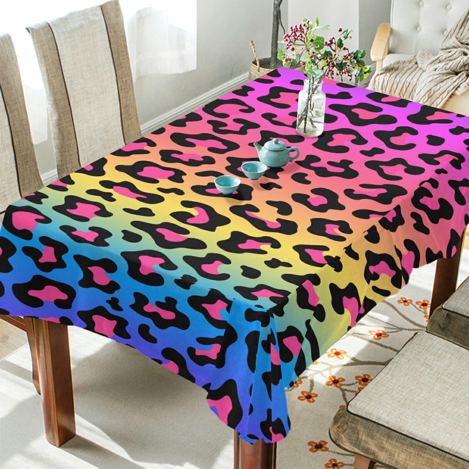 ALAZA Oblong Tablecloths 60 x 108 Inch, Neon Rainbow Leopard Print Party Tablecloth, Durable Dining Room Table Cover for Holidays, Birthdays, and Festive Gatherings